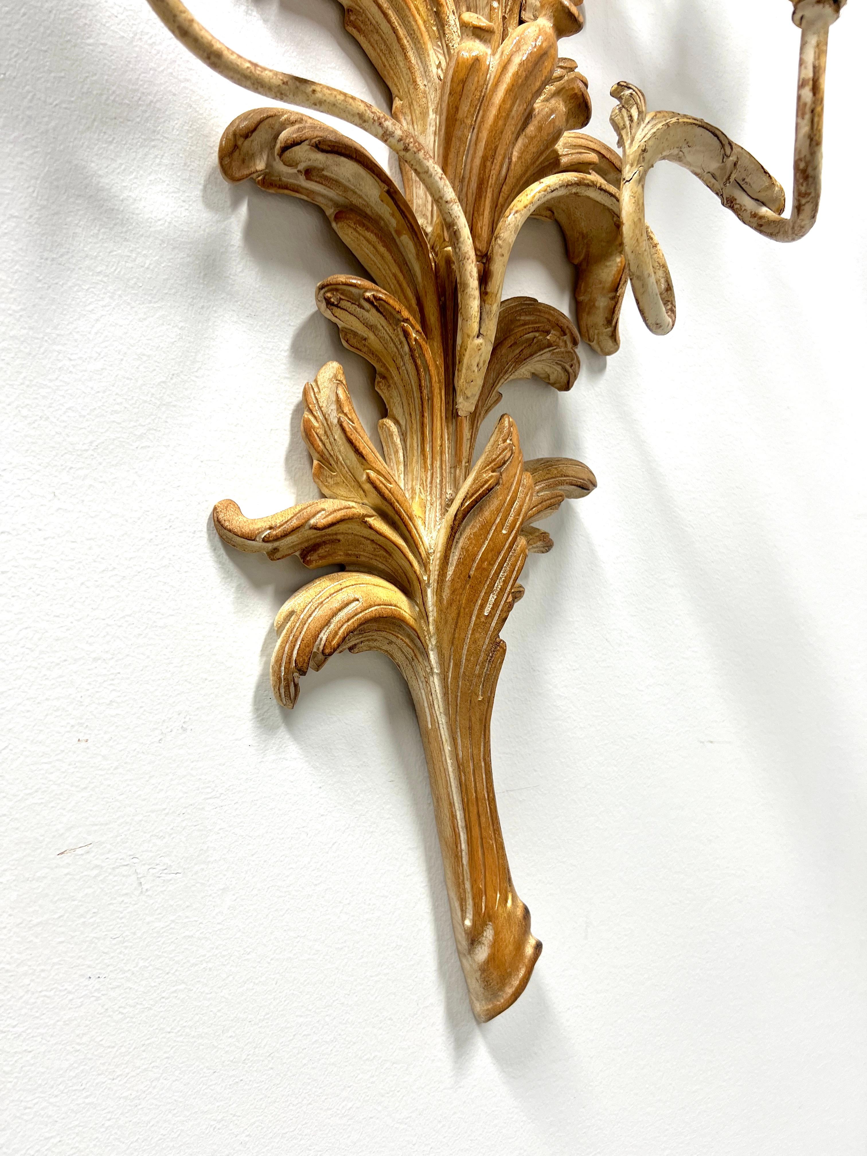 MARBRO LAMP 1980's Large Whitewashed Wood Foliate Carved Candle Sconce For Sale 2