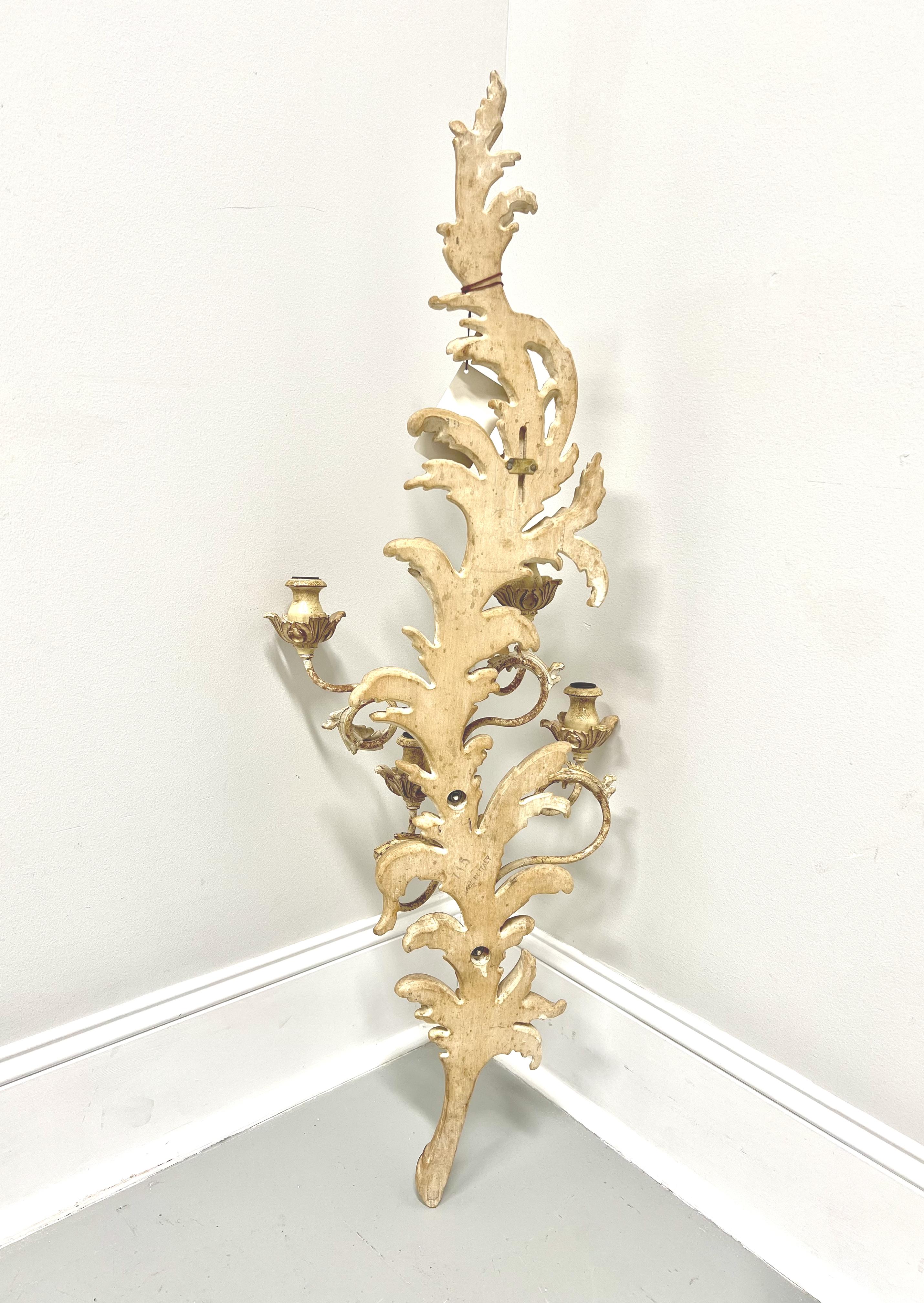 MARBRO LAMP 1980's Large Whitewashed Wood Foliate Carved Candle Sconce For Sale 3