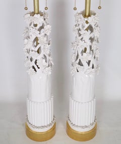 Marbro Lamp Co. Hollywood Regency White Ceramic Lamps with Sculptural Flowers