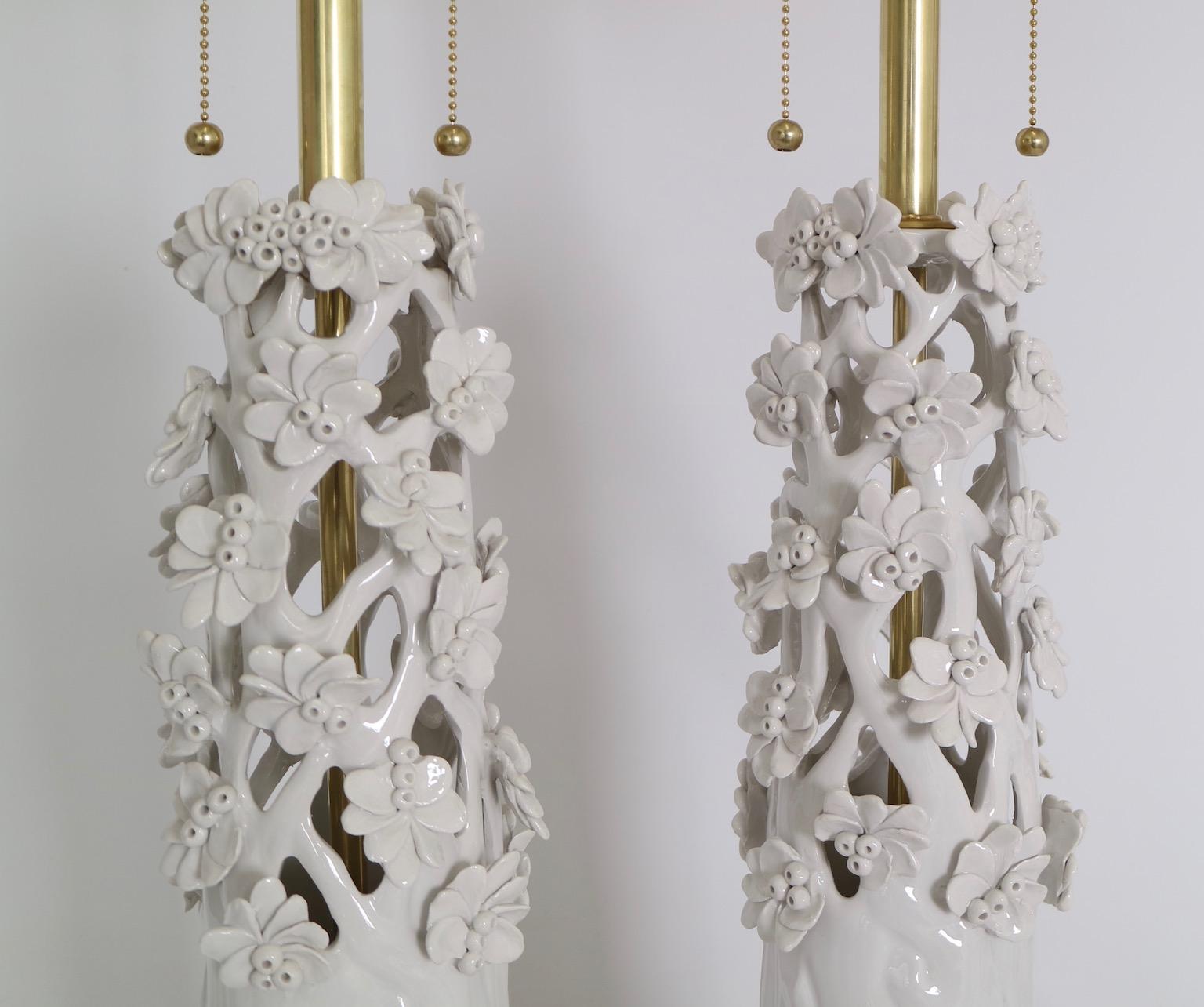 Italian Marbro Lamp Co. Hollywood Regency White Ceramic Lamps with Sculptural Flowers