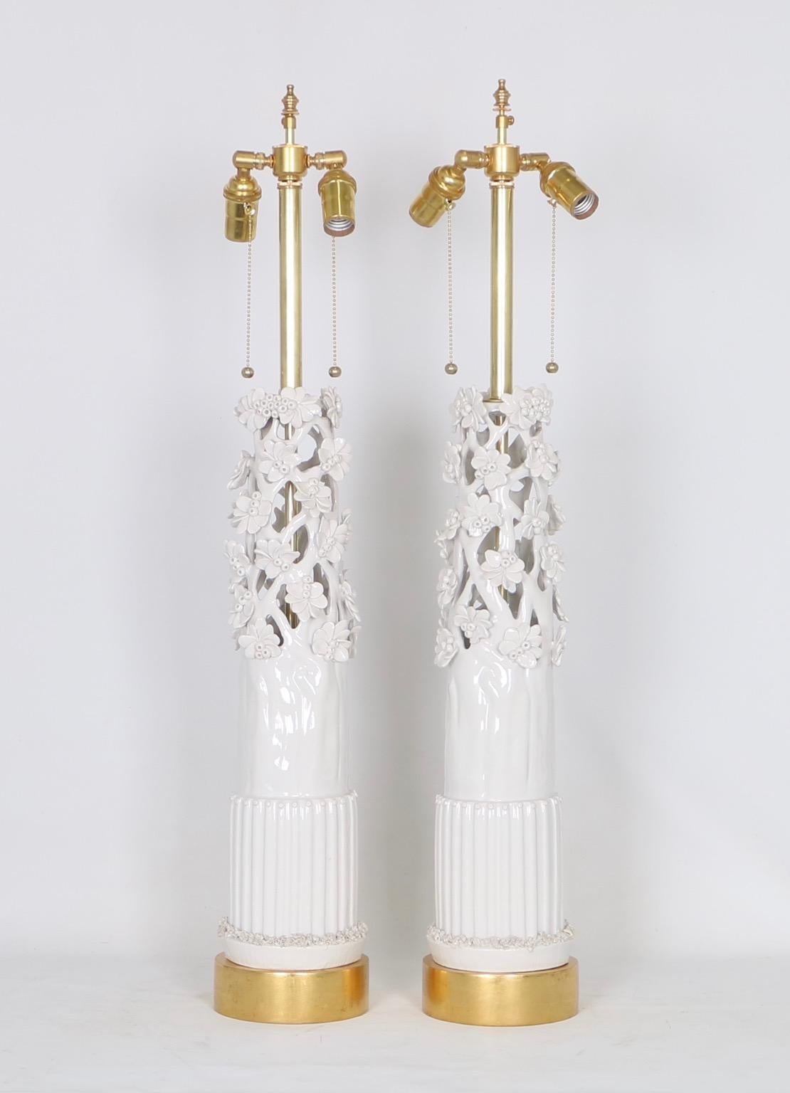 Marbro Lamp Co. Hollywood Regency White Ceramic Lamps with Sculptural Flowers In Excellent Condition In New York, NY