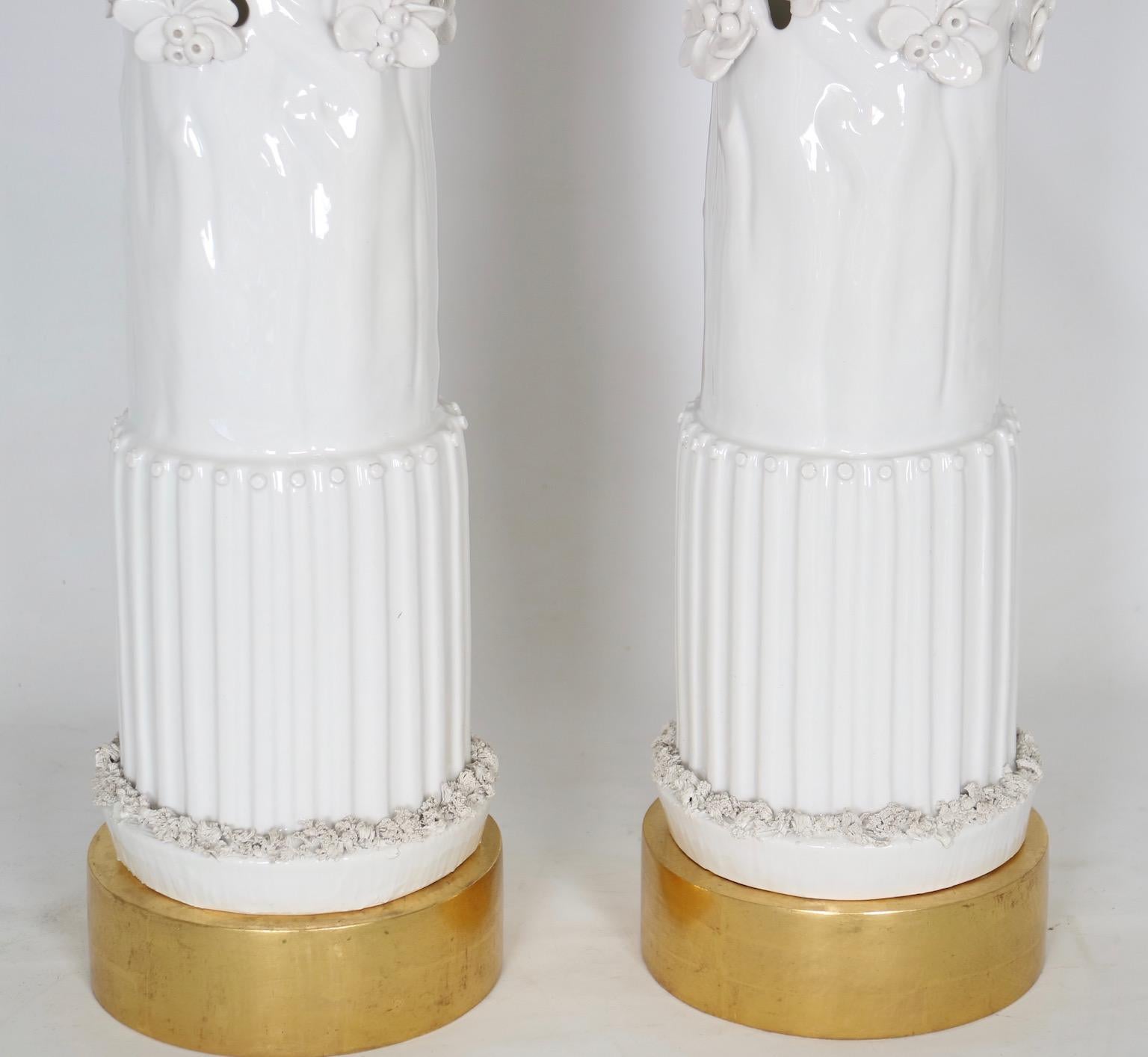 Mid-20th Century Marbro Lamp Co. Hollywood Regency White Ceramic Lamps with Sculptural Flowers