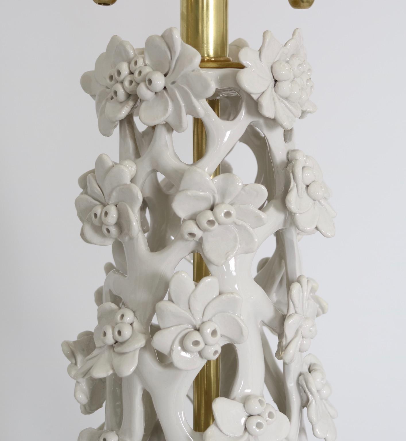 Marbro Lamp Co. Hollywood Regency White Ceramic Lamps with Sculptural Flowers 1