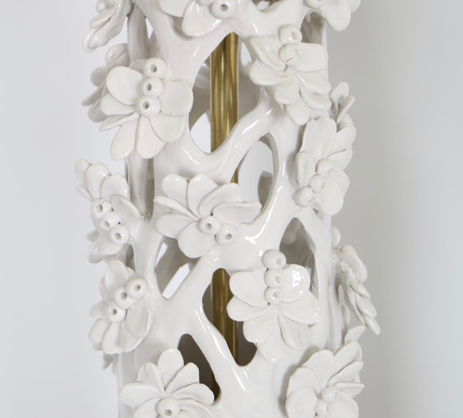 Marbro Lamp Co. Hollywood Regency White Ceramic Lamps with Sculptural Flowers 2