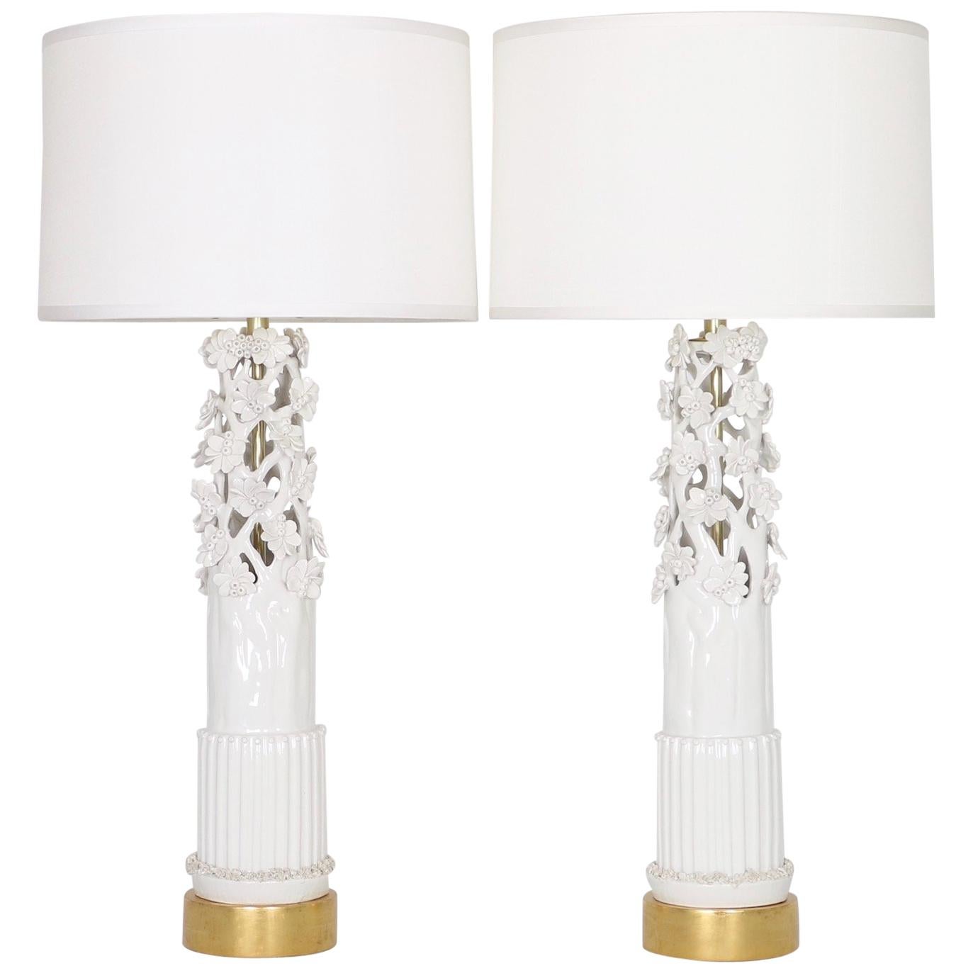 Marbro Lamp Co. Hollywood Regency White Ceramic Lamps with Sculptural Flowers