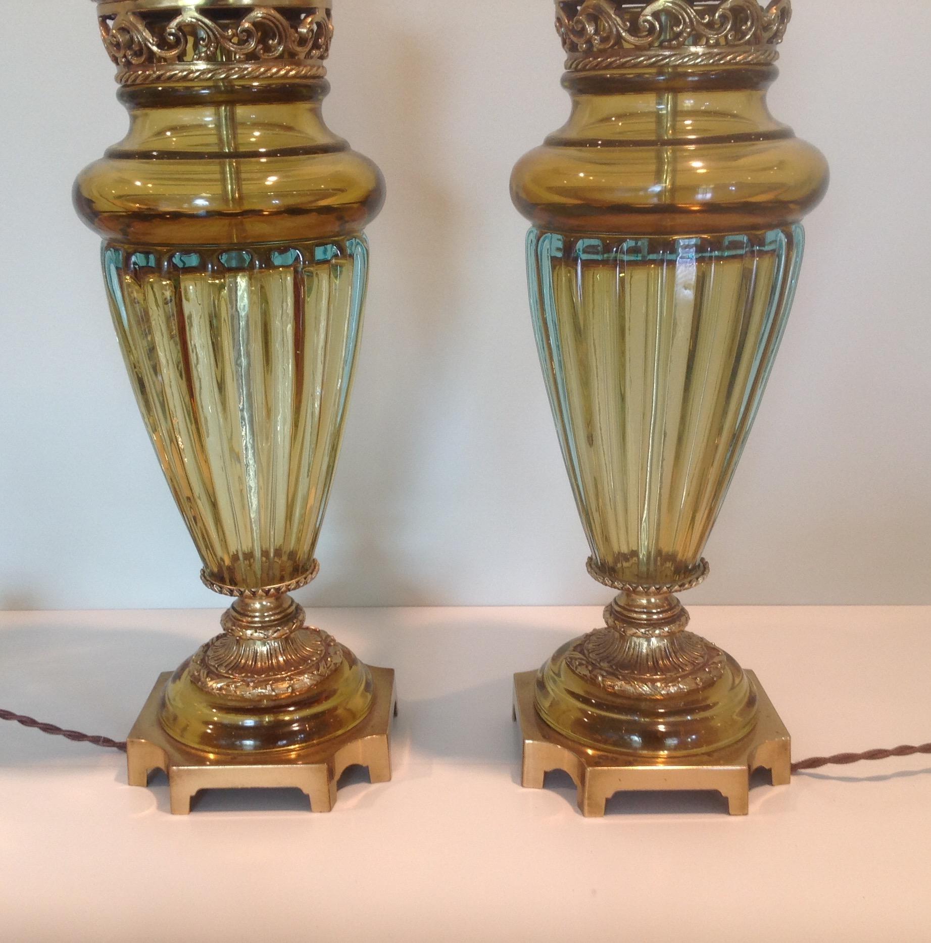 Vibrant yellow or gold Sommerso lamps with blown glass by Archimede Seguso for the Marbro Lamp Company.