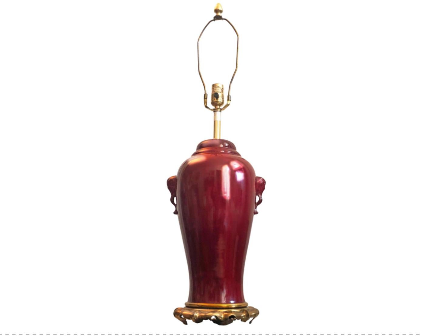 Glazed Marbro Oxblood Elephant-handled Chinese Urn Table Lamp Sangre de Boeuf Regency For Sale