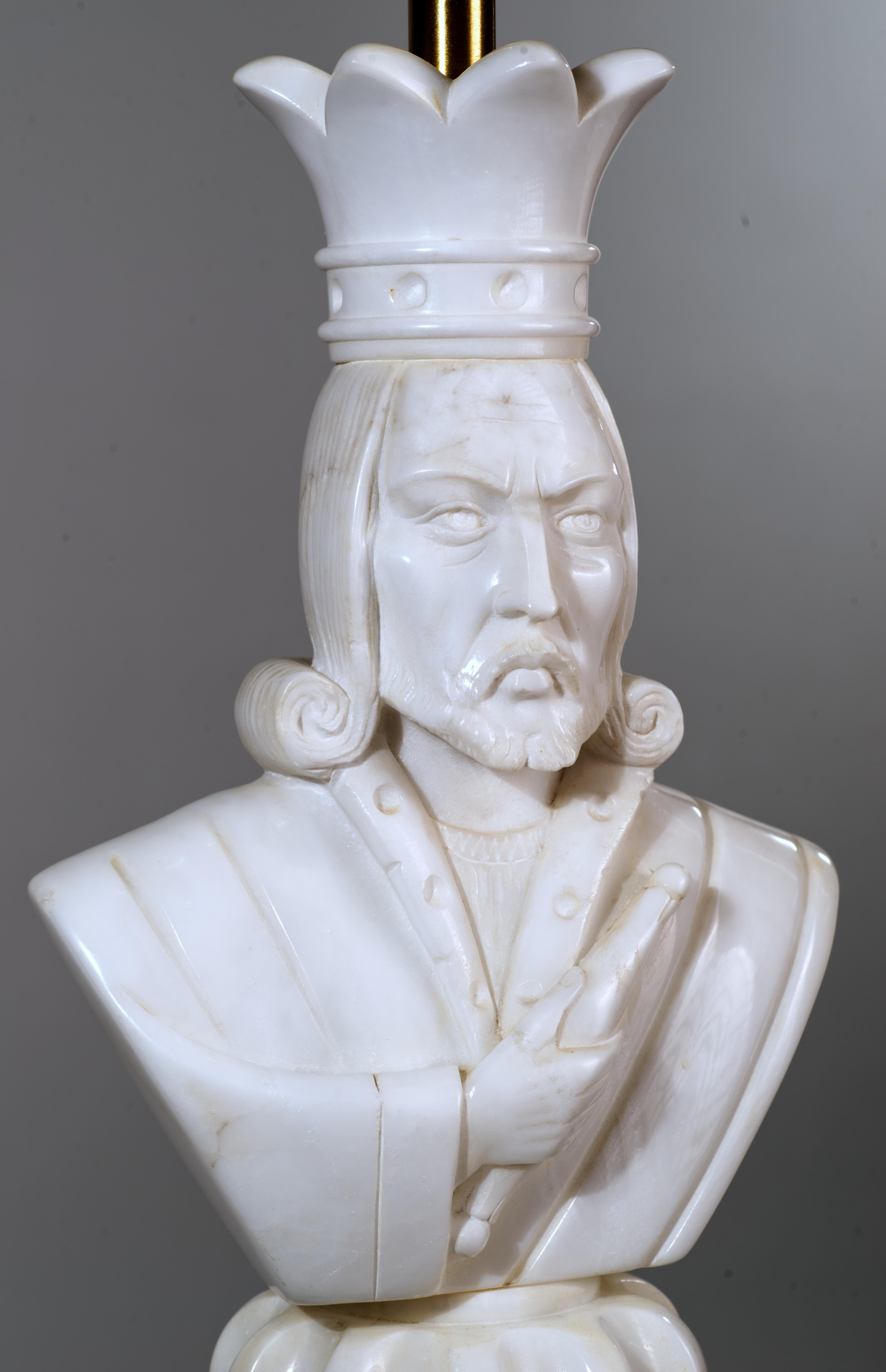 Art Deco Marbro Pair of Custom Monumental Marble Chess King and Queen Lamps, 1960s For Sale