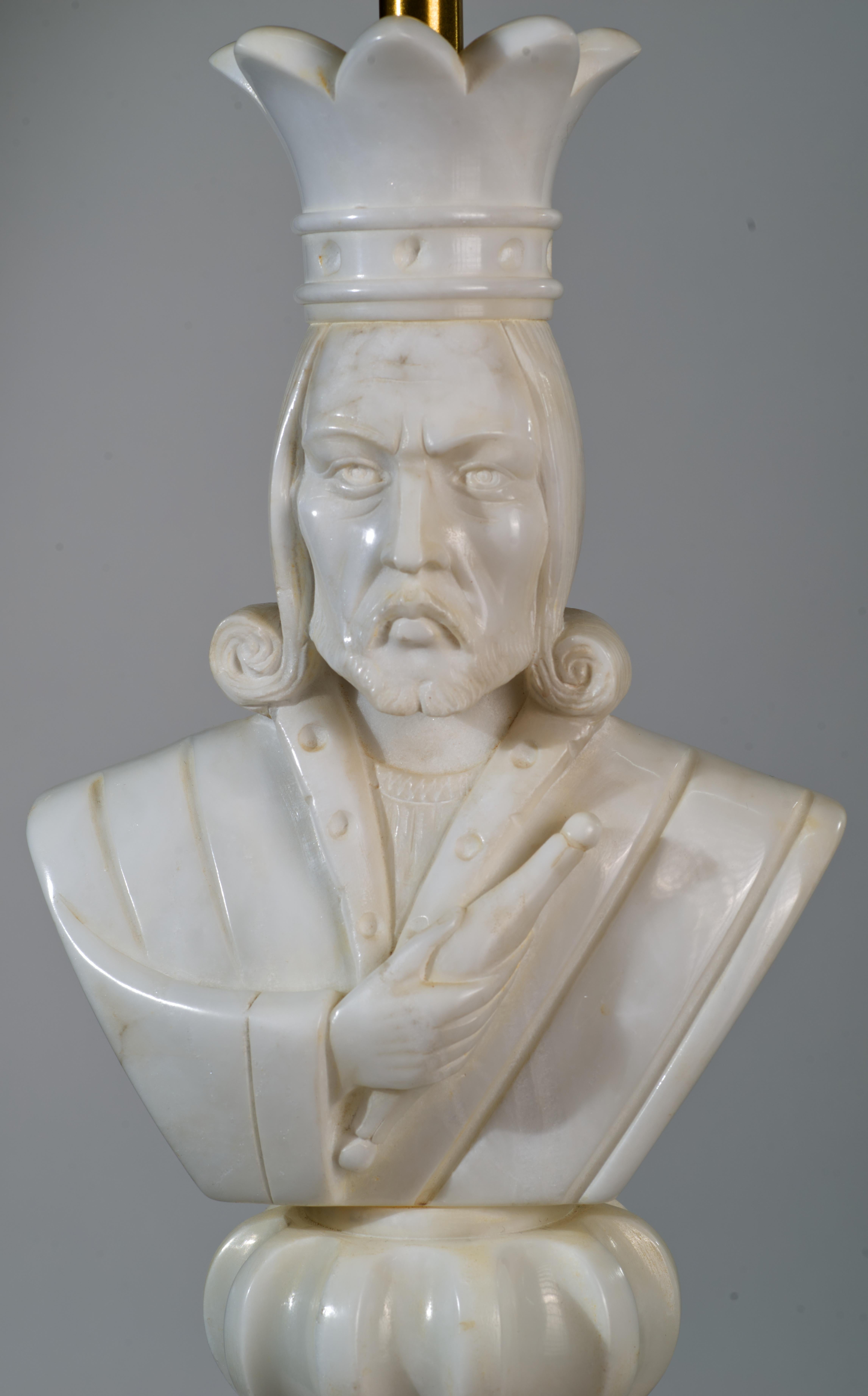 Hand-Carved Marbro Pair of Custom Monumental Marble Chess King and Queen Lamps, 1960s For Sale