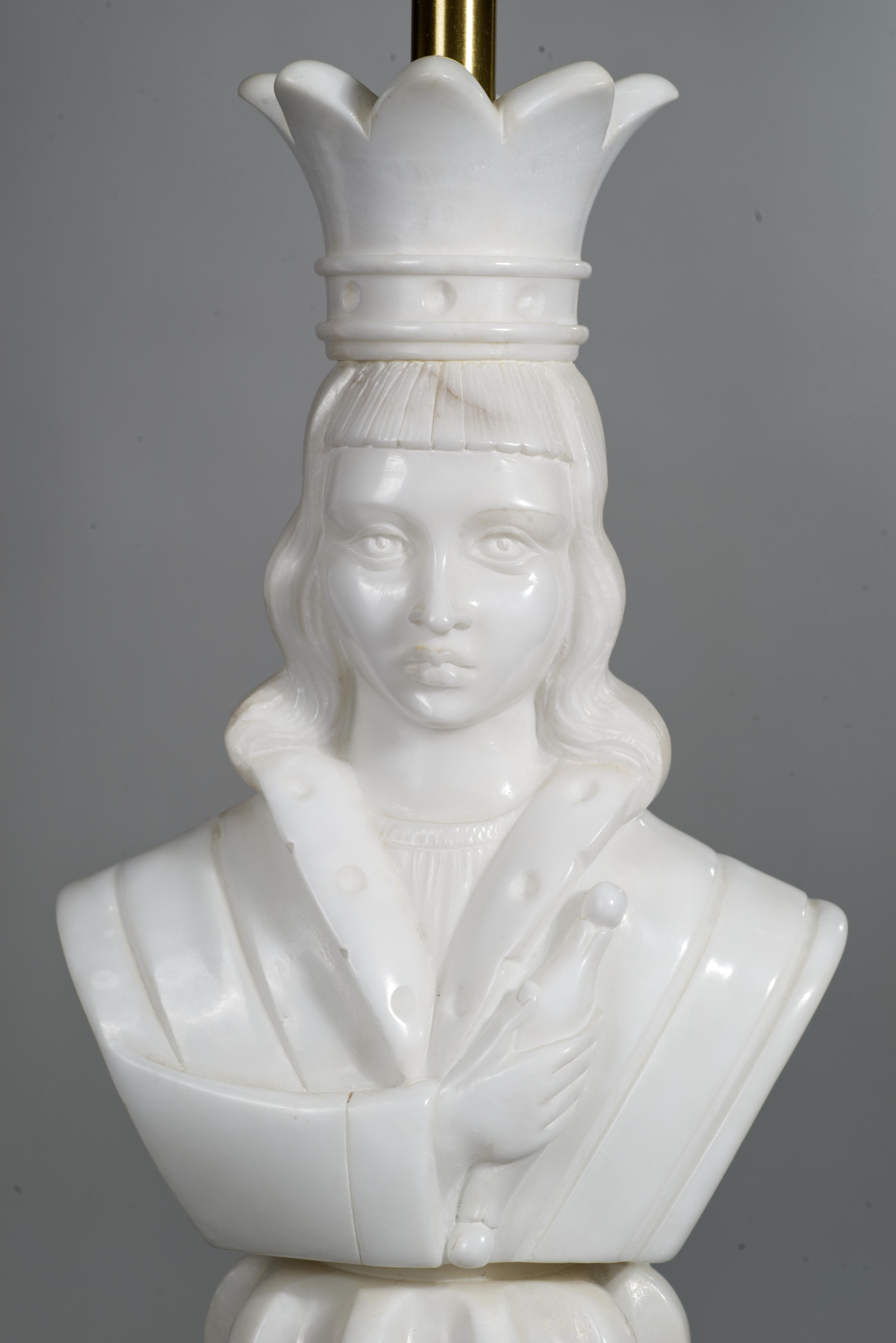 Marbro Pair of Custom Monumental Marble Chess King and Queen Lamps, 1960s In Good Condition For Sale In Clifton Springs, NY