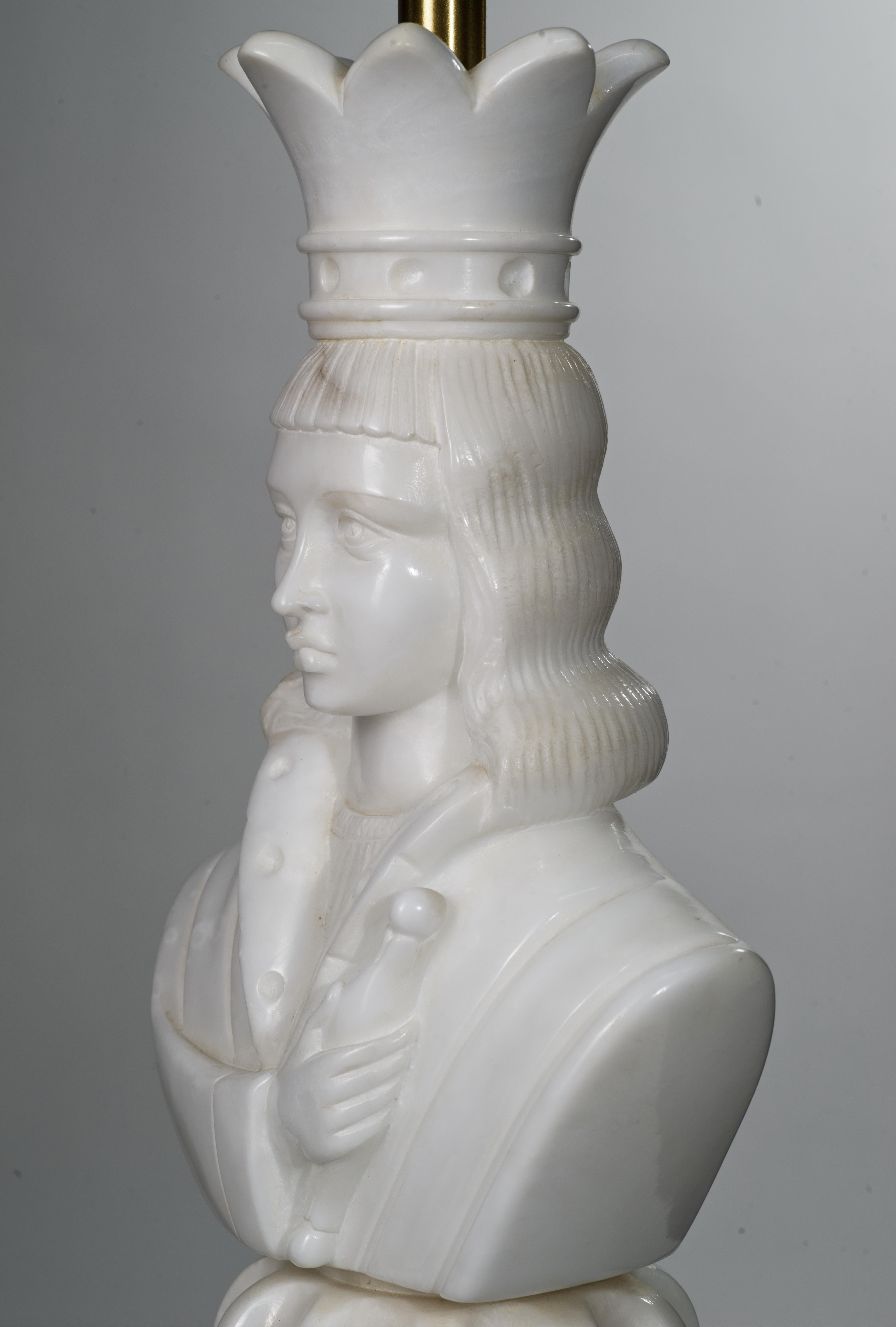 Brass Marbro Pair of Custom Monumental Marble Chess King and Queen Lamps, 1960s For Sale