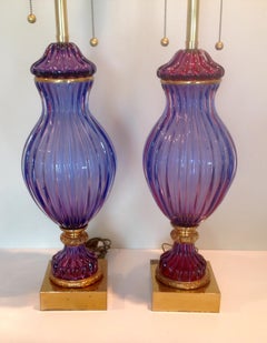 Marbro Pair of Monumental Purple Sommerso Lamps with Glass by Seguso