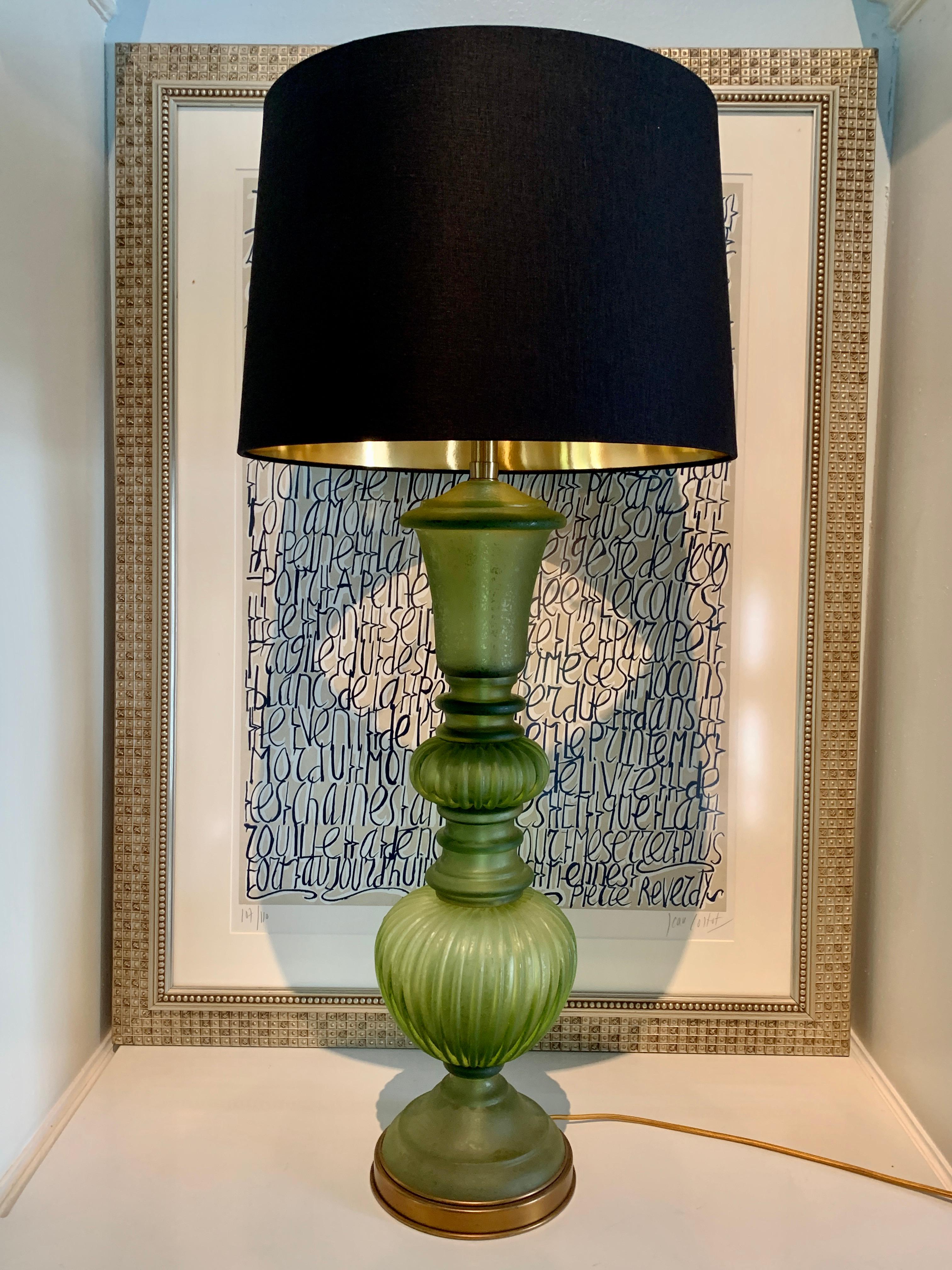 A stunning and monumental Marbo Corroso green murano glass lamp. The Corosso, or Corroded glass is a technique by which the glass has a rougher feel to the touch - not a technique found today. 

This stand alone piece is a compliment to any side