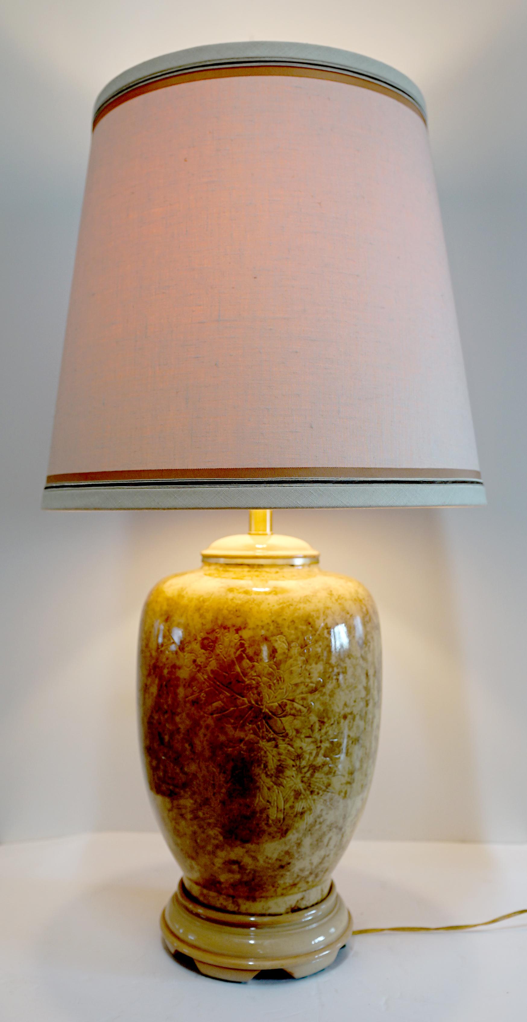 Glazed Marbro Vintage French Style Monumental Incised Ceramic Gold Marbled Lamp For Sale