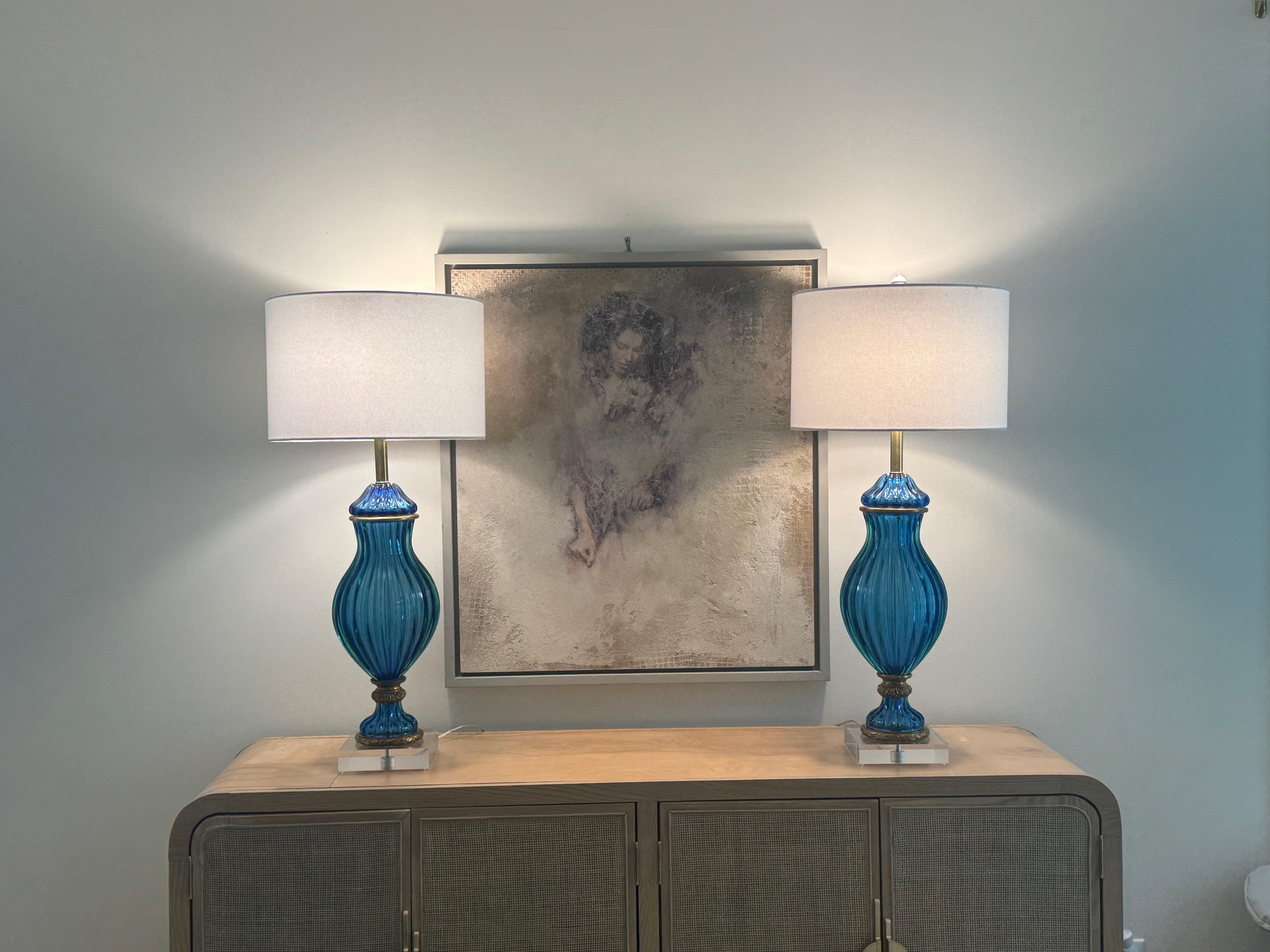 Italian Marbro Vintage Murano Glass Table Lamps – Blue For Sale