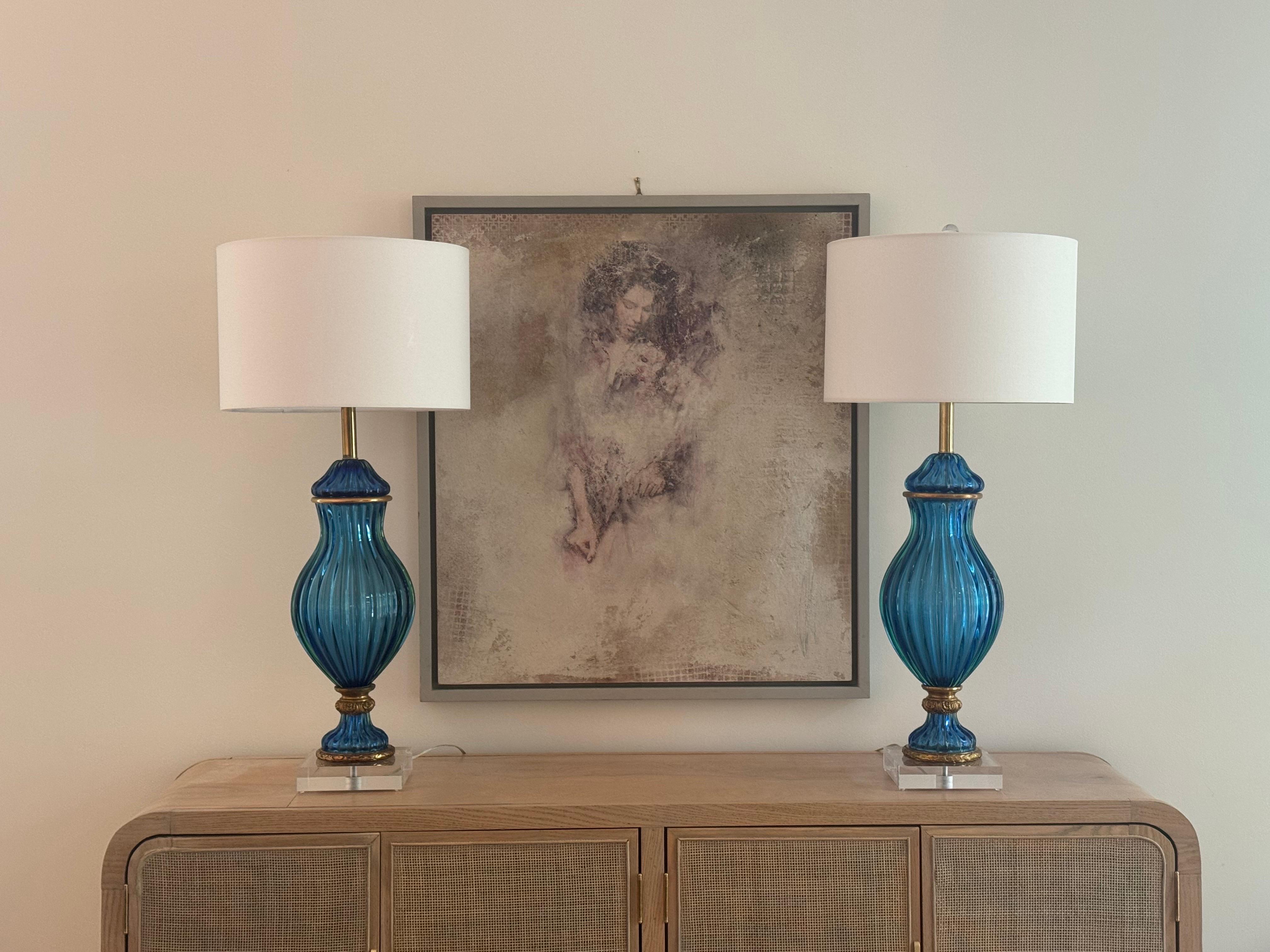 Marbro Vintage Murano Glass Table Lamps – Blue In Good Condition For Sale In Smyrna, GA