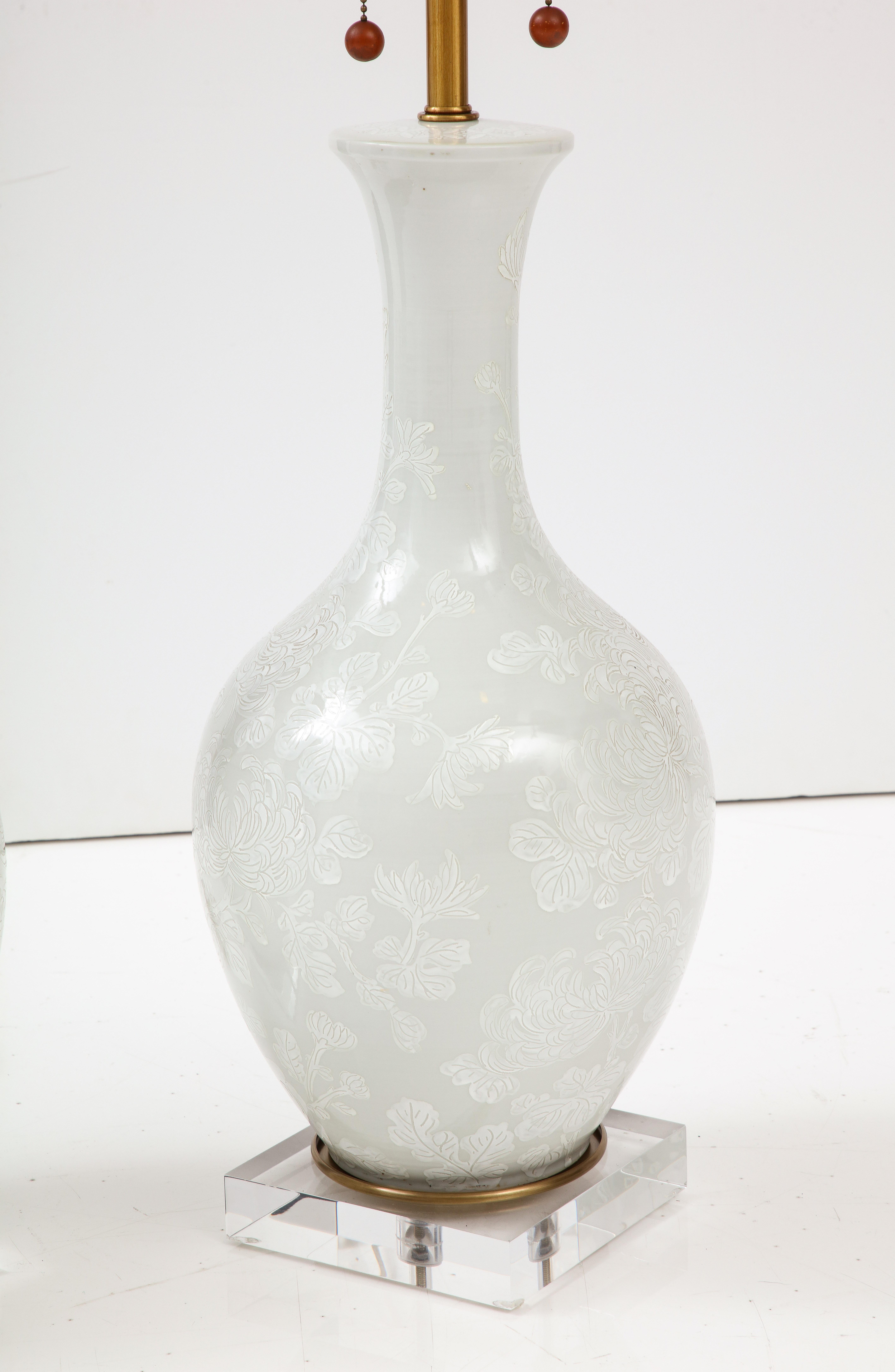 Marbro White, Beige Chrysanthemum Porcelain Lamps For Sale 4