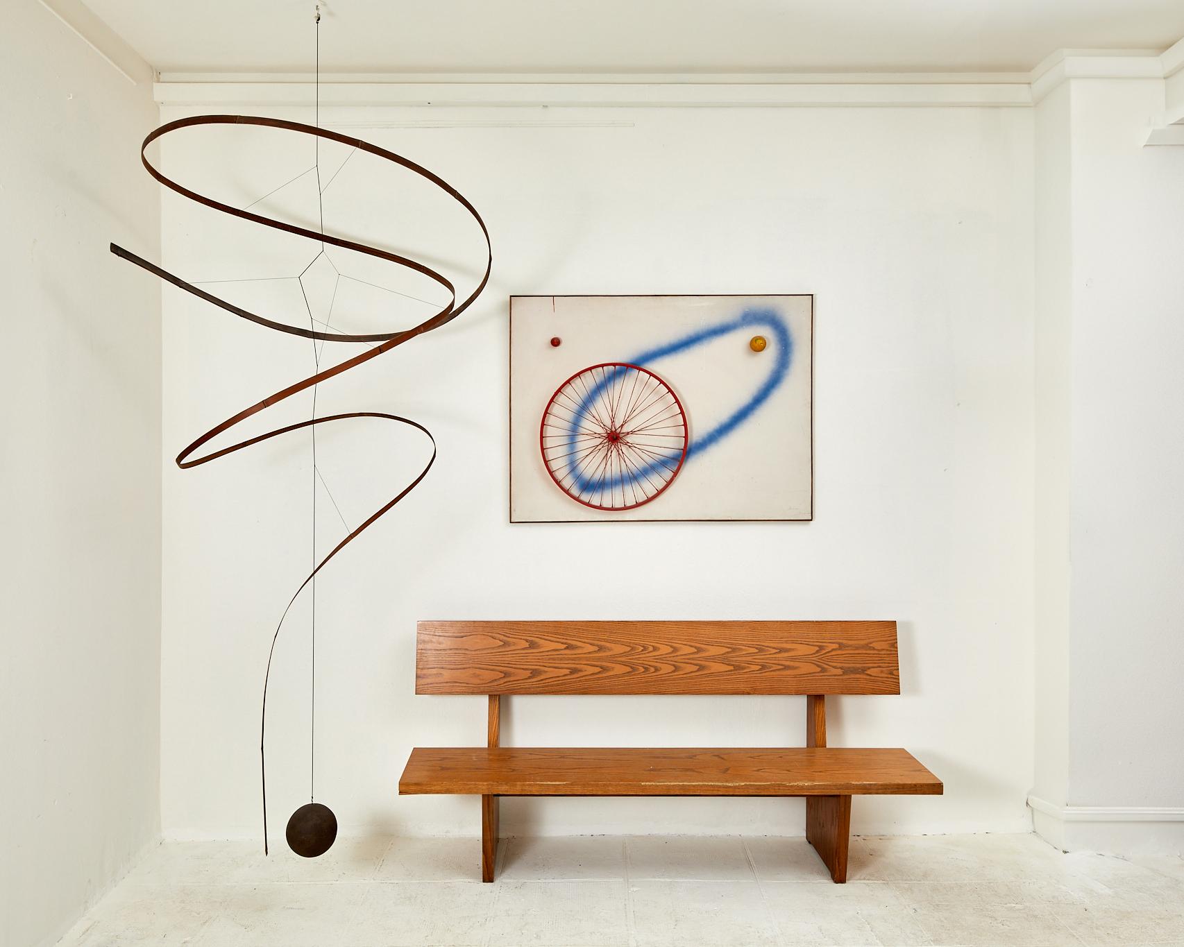Marc Appel (1925-1985) and Jan Welslau (1922-2012), 
a series of seven magnificent and imposing benches, 
from the Palais de Justice in Amiens, 
modernist constructivist work, 
wood, 
circa 1970, Belgium.
Height 96 cm, seat height 45 cm, length 2 m,