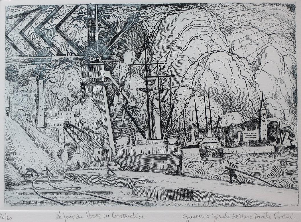Marc-Aurèle Fortin Abstract Print - Le pont du Havre en construction