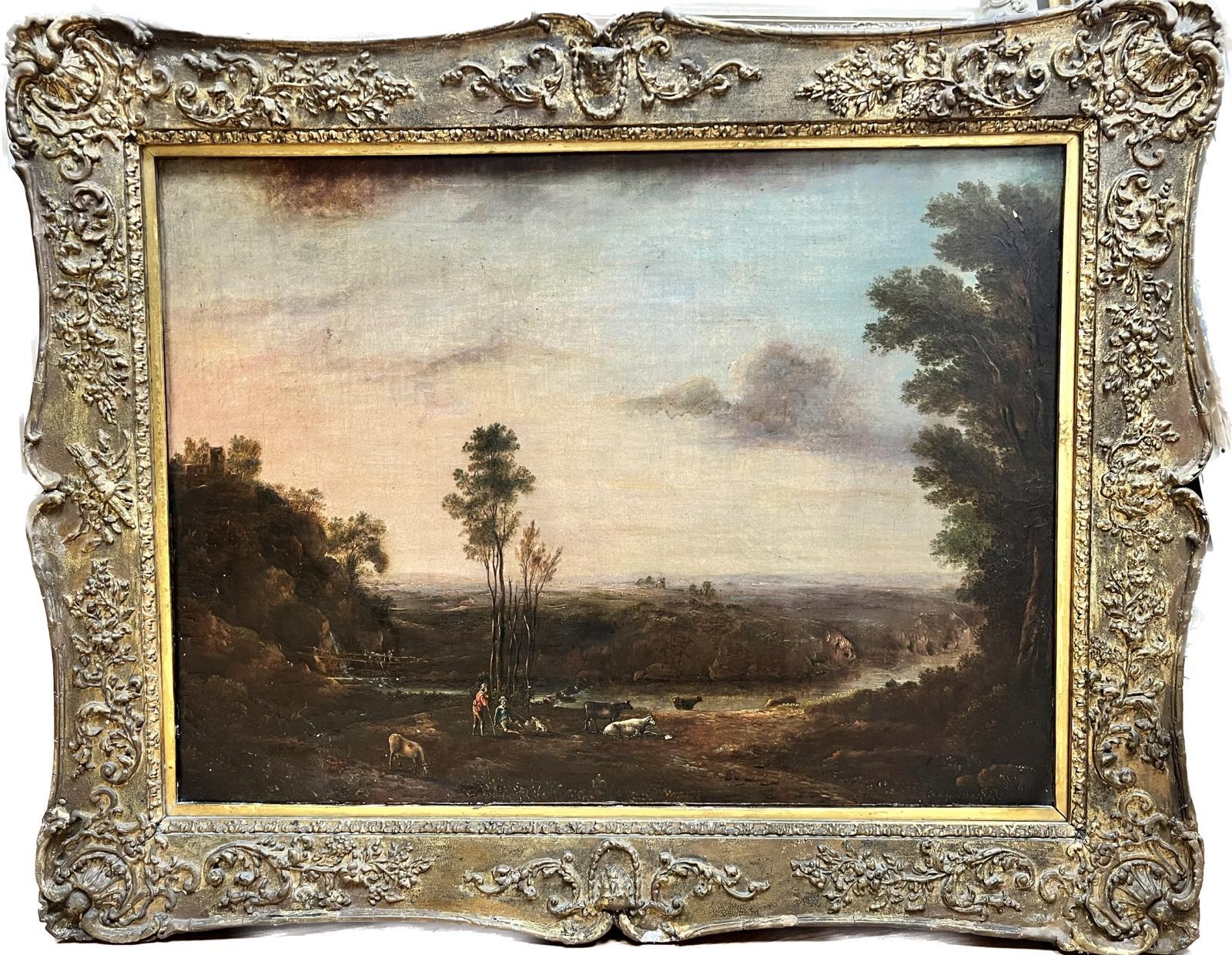 1700's Flämisch Altmeister Öl Hirten & Tiere Sonnenuntergang Landschaftsansicht – Painting von Marc Baets