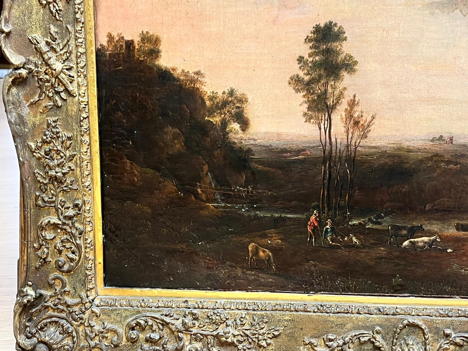 Óleo de viejo maestro flamenco de 1700 Pastores y animales Paisaje al atardecer - Landscape Painting Beige de Marc Baets