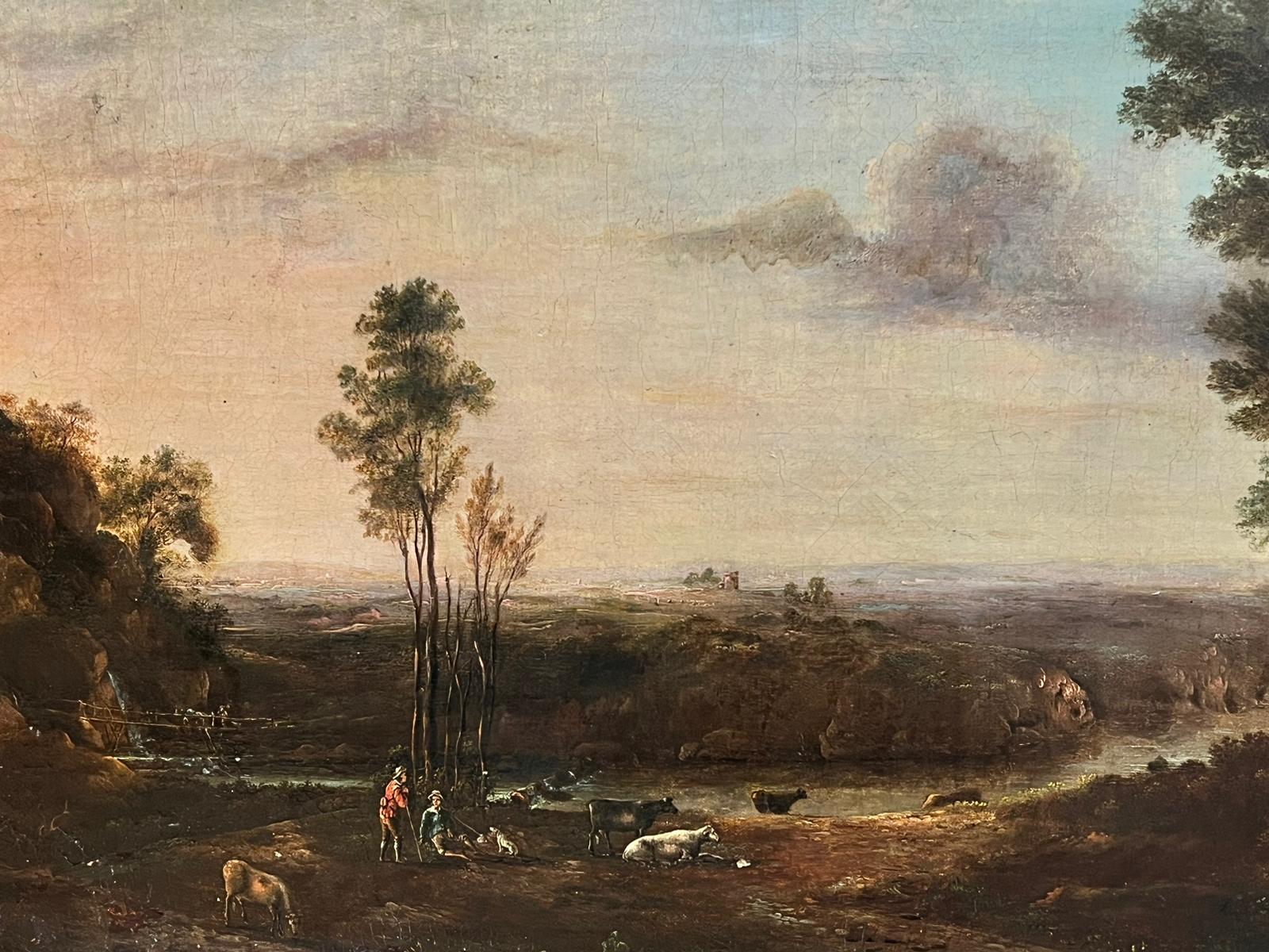 1700's Flämisch Altmeister Öl Hirten & Tiere Sonnenuntergang Landschaftsansicht im Angebot 1