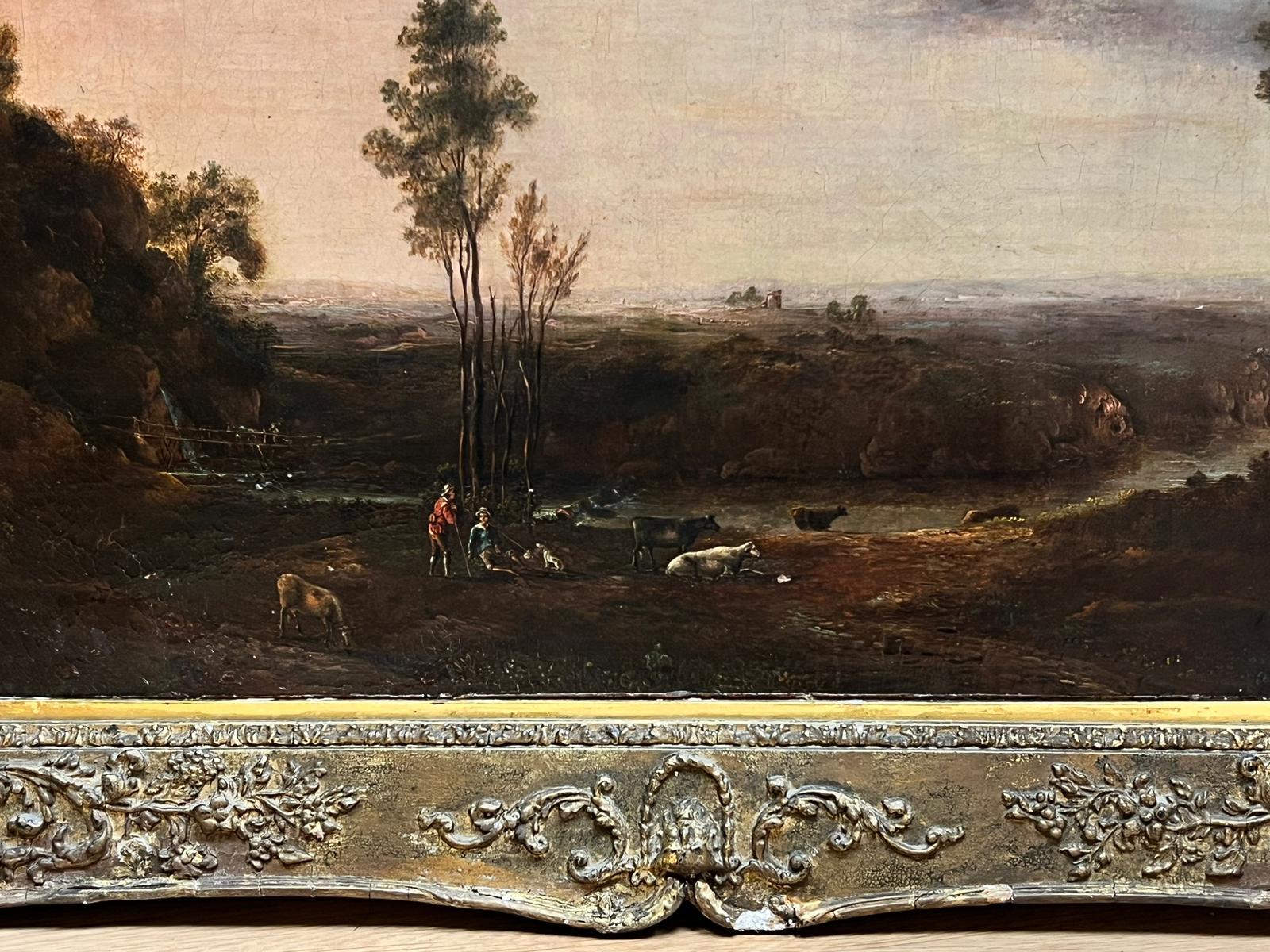 1700's Flämisch Altmeister Öl Hirten & Tiere Sonnenuntergang Landschaftsansicht im Angebot 2