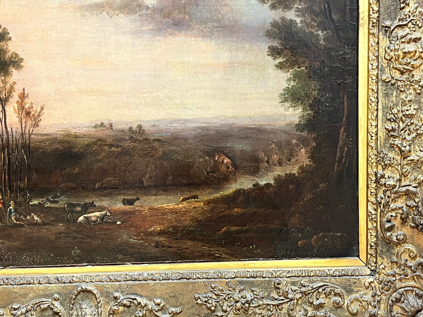 1700's Flämisch Altmeister Öl Hirten & Tiere Sonnenuntergang Landschaftsansicht im Angebot 3
