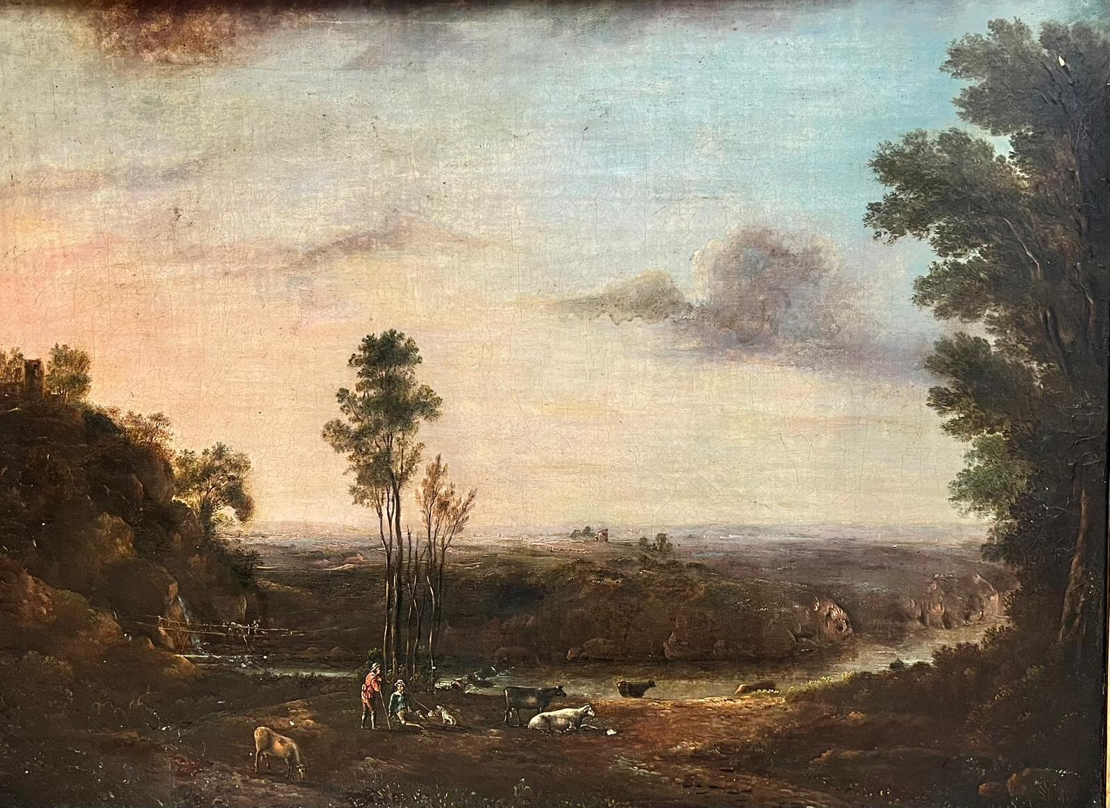 Marc Baets Landscape Painting – 1700's Flämisch Altmeister Öl Hirten & Tiere Sonnenuntergang Landschaftsansicht