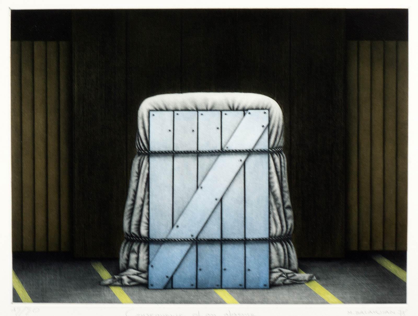 This image is from an edition of 50. The artist's subject matter was enigmatic: a recurring theme was that of anonymous packages tied with knots of rope; sometimes there are prison bars in the background or piles of planks leaning against each