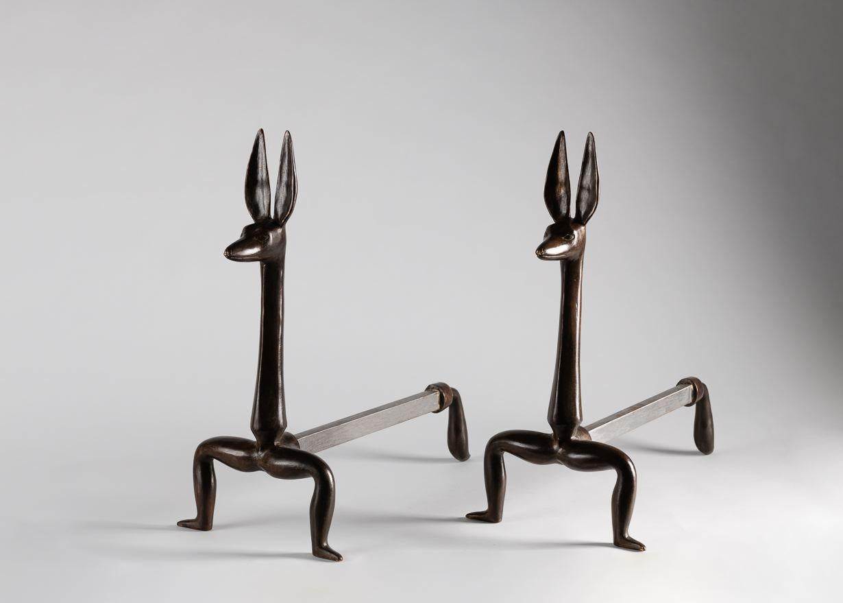 Patinated Marc Bankowsky, Anubis, Pair of Bronze Andirons, France, 2006 For Sale