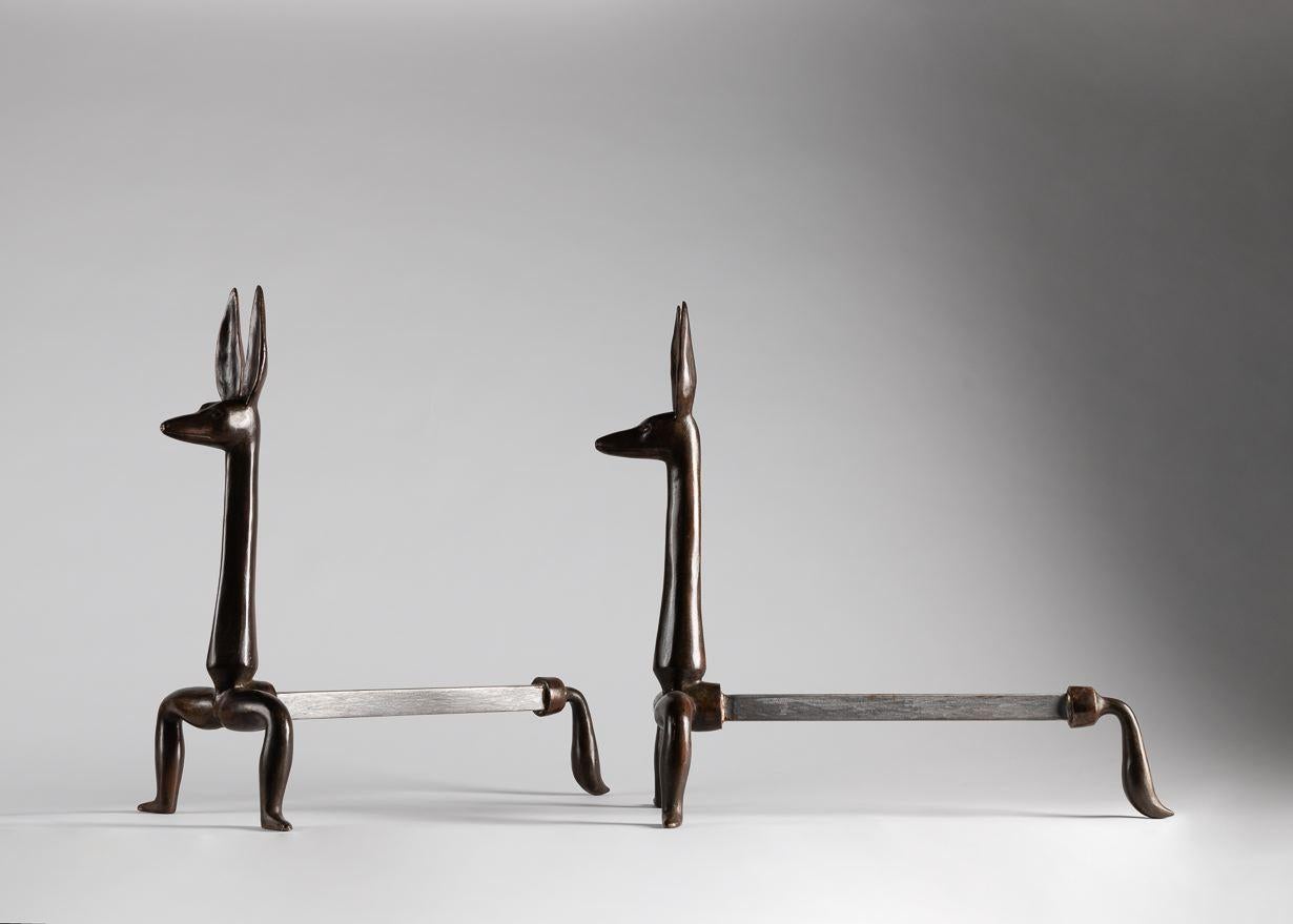 French Marc Bankowsky, Anubis, Pair of Patinated Bronze Andirons, France, 2006 For Sale