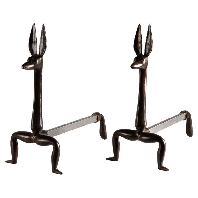 Marc Bankowsky, Anubis, Pair of Patinated Bronze Andirons, France, 2006 For Sale