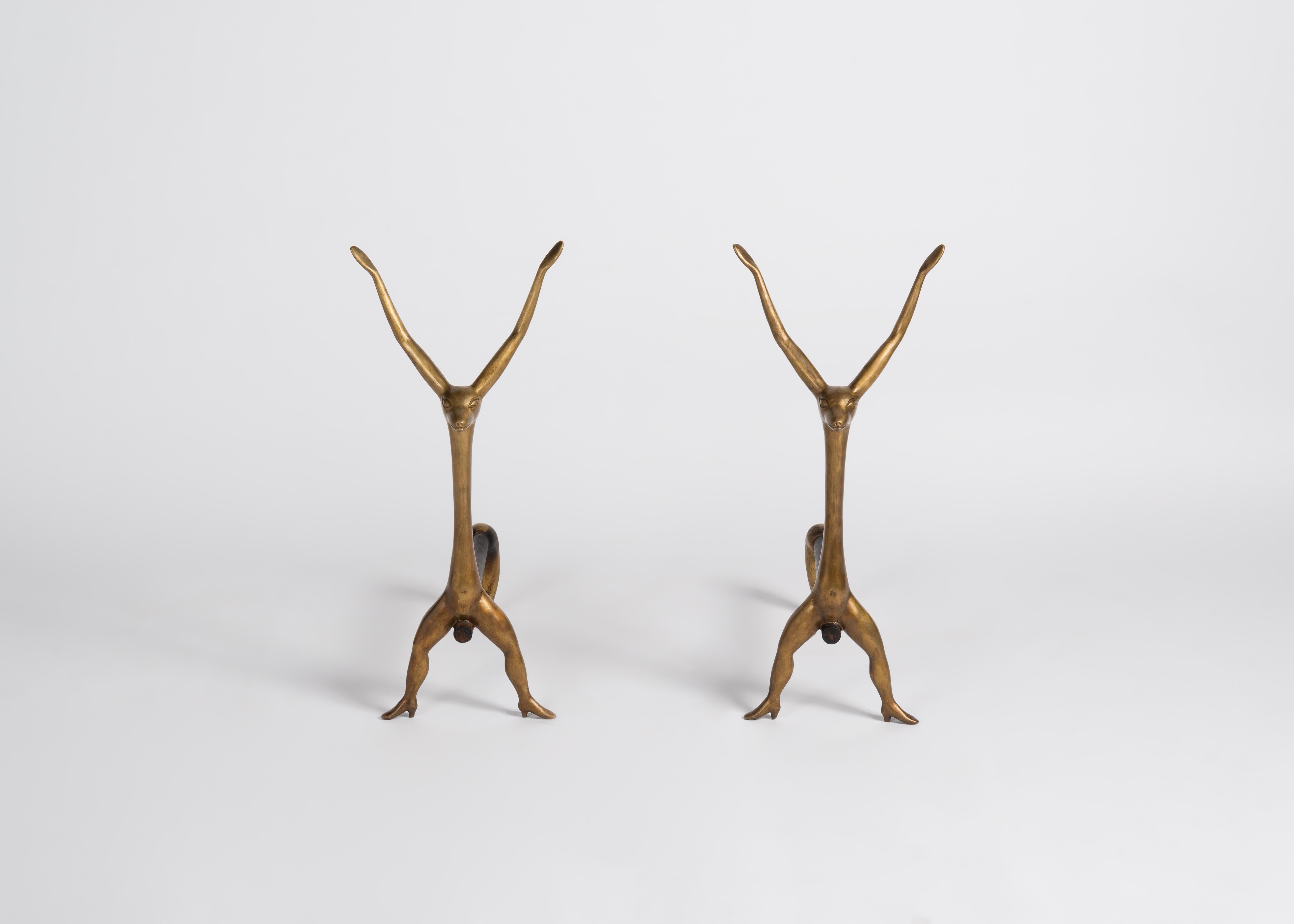 Patinated Marc Bankowsky, Creatures, Pair of Bronze Andirons, France, 2008 For Sale