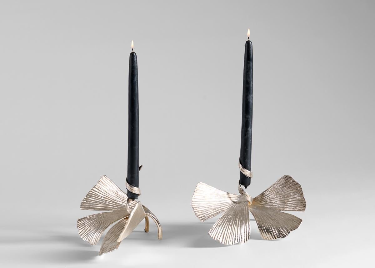 French Marc Bankowsky, Ginkgo, Pair of Bronze Candlesticks, France, 2008 For Sale