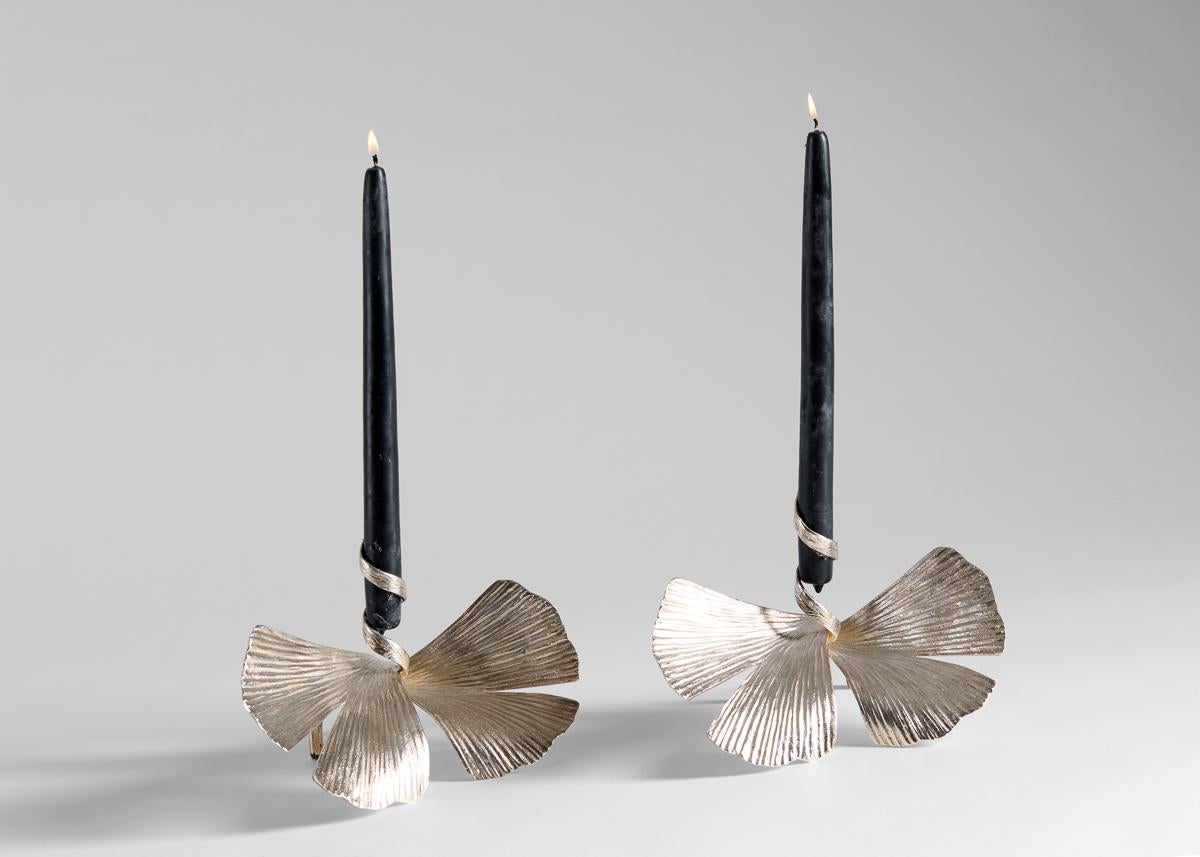 Patinated Marc Bankowsky, Ginkgo, Pair of Bronze Candlesticks, France, 2008 For Sale