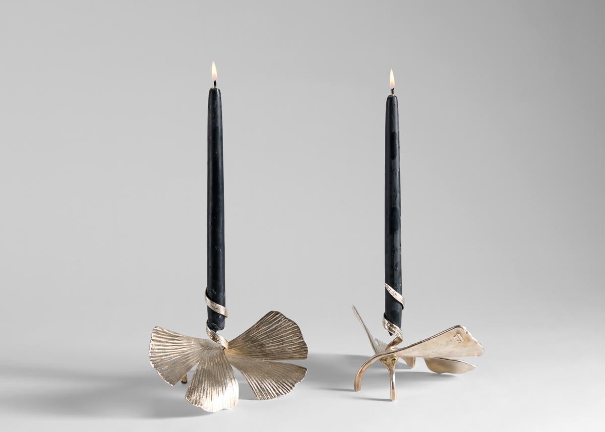 Nickel Marc Bankowsky, Ginkgo, Pair of Bronze Candlesticks, France, 2008 For Sale