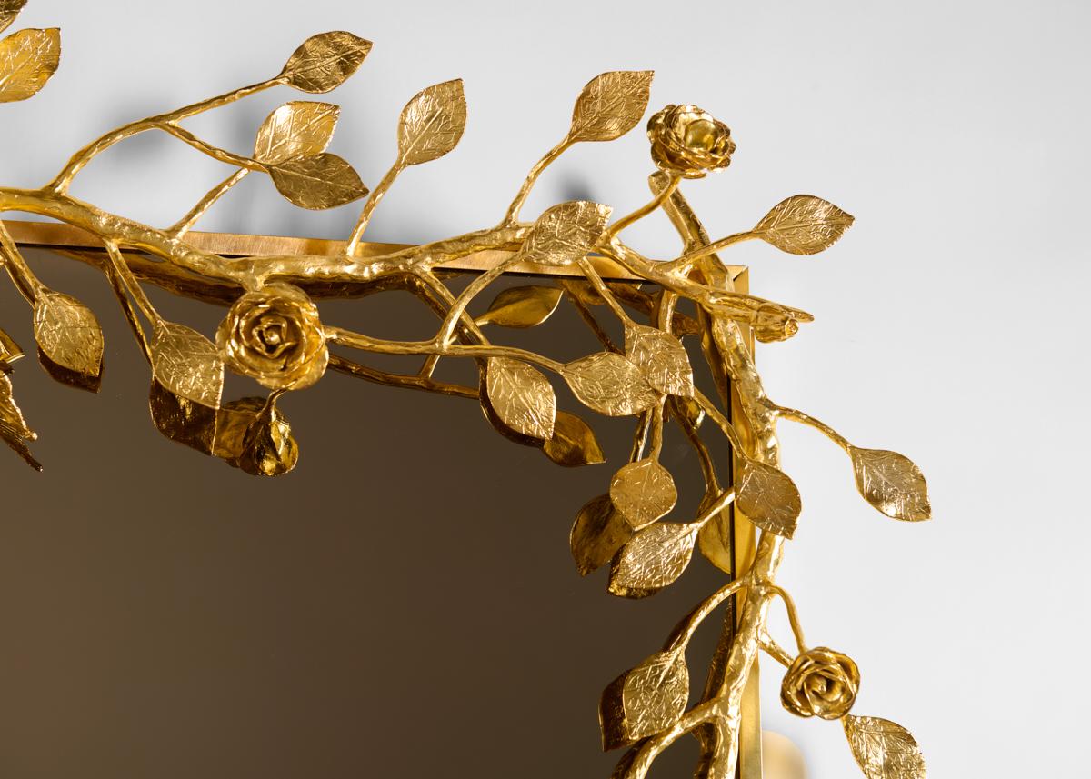 Gold Plate Marc Bankowsky, Le Printemps, Bronze Mirror, Floral Motif, France, 2023 For Sale