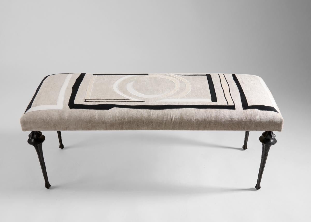 French Marc Bankowsky & Miguel Cisterna, Embroidered Bench, Bronze Legs, France, 2022 For Sale