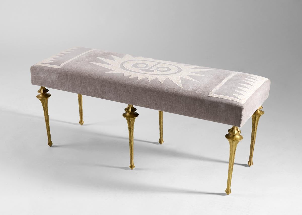 French Marc Bankowsky & Miguel Cisterna, Embroidered Bench, Bronze Legs, France, 2022 For Sale