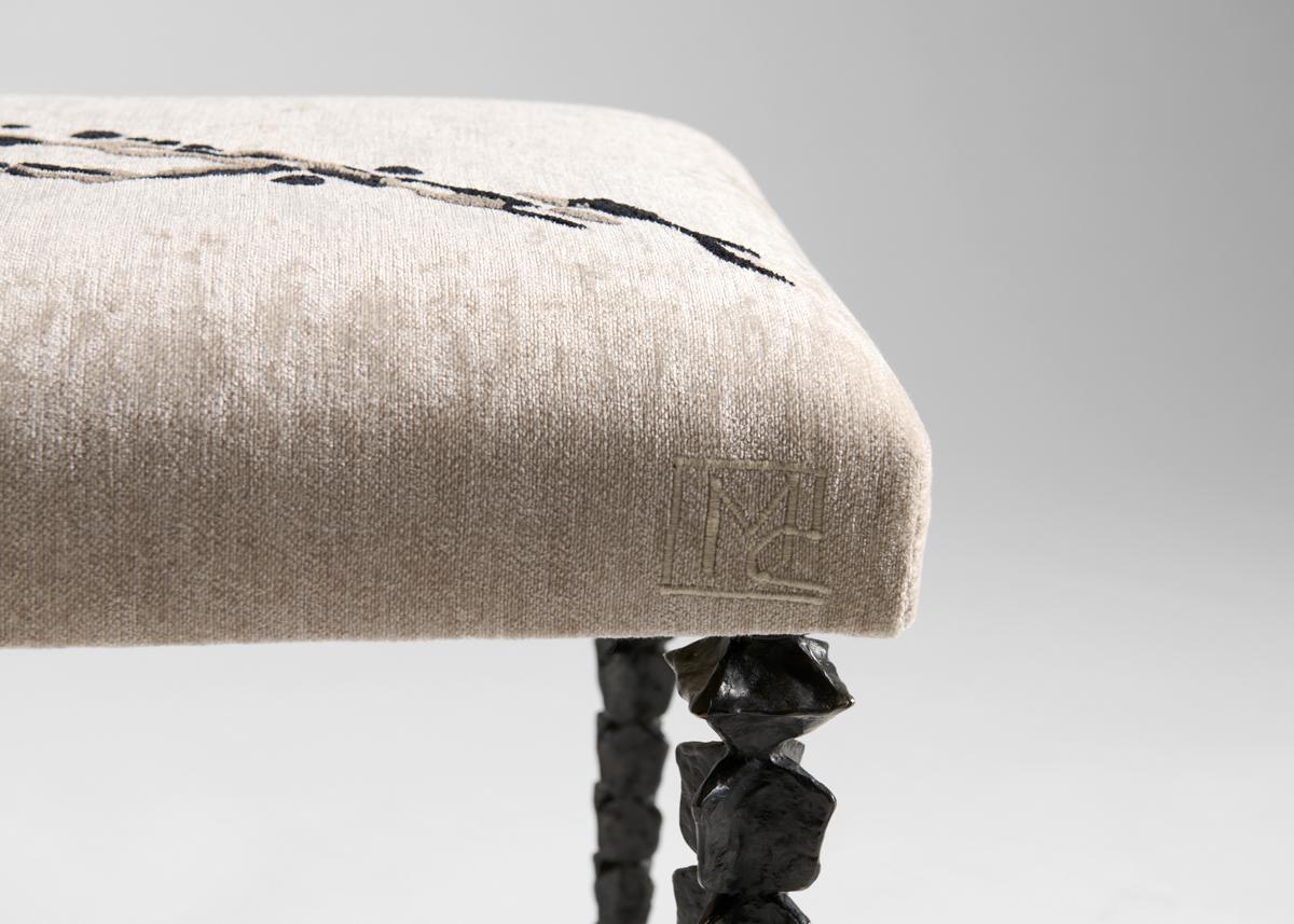 French Marc Bankowsky & Miguel Cisterna, Embroidered Bench, Bronze Legs, France, 2022 For Sale