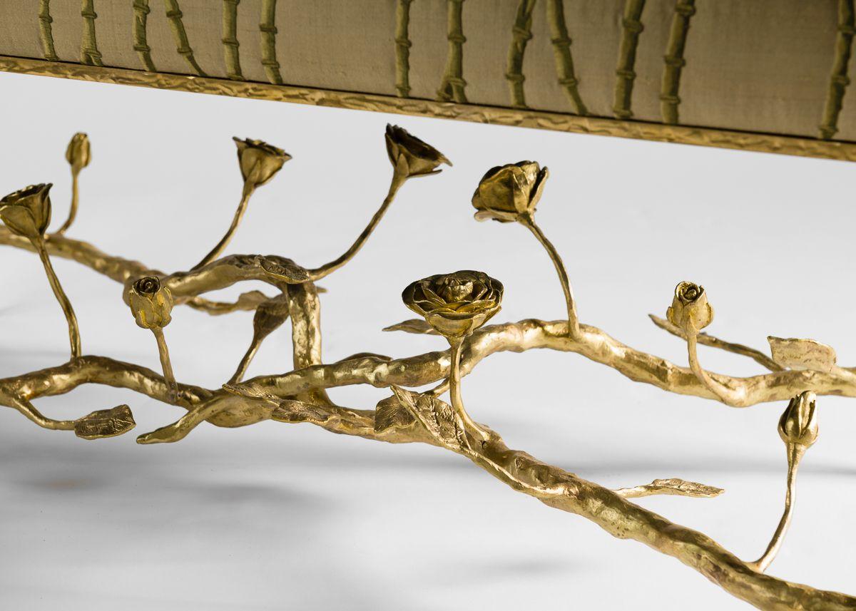 With an elaborate tangle of roses spanning the width of the bench, and suspended between the seat and floor, this piece features the French artist's mastery of patinated bronze. Upholstery and dimensions are customizable.