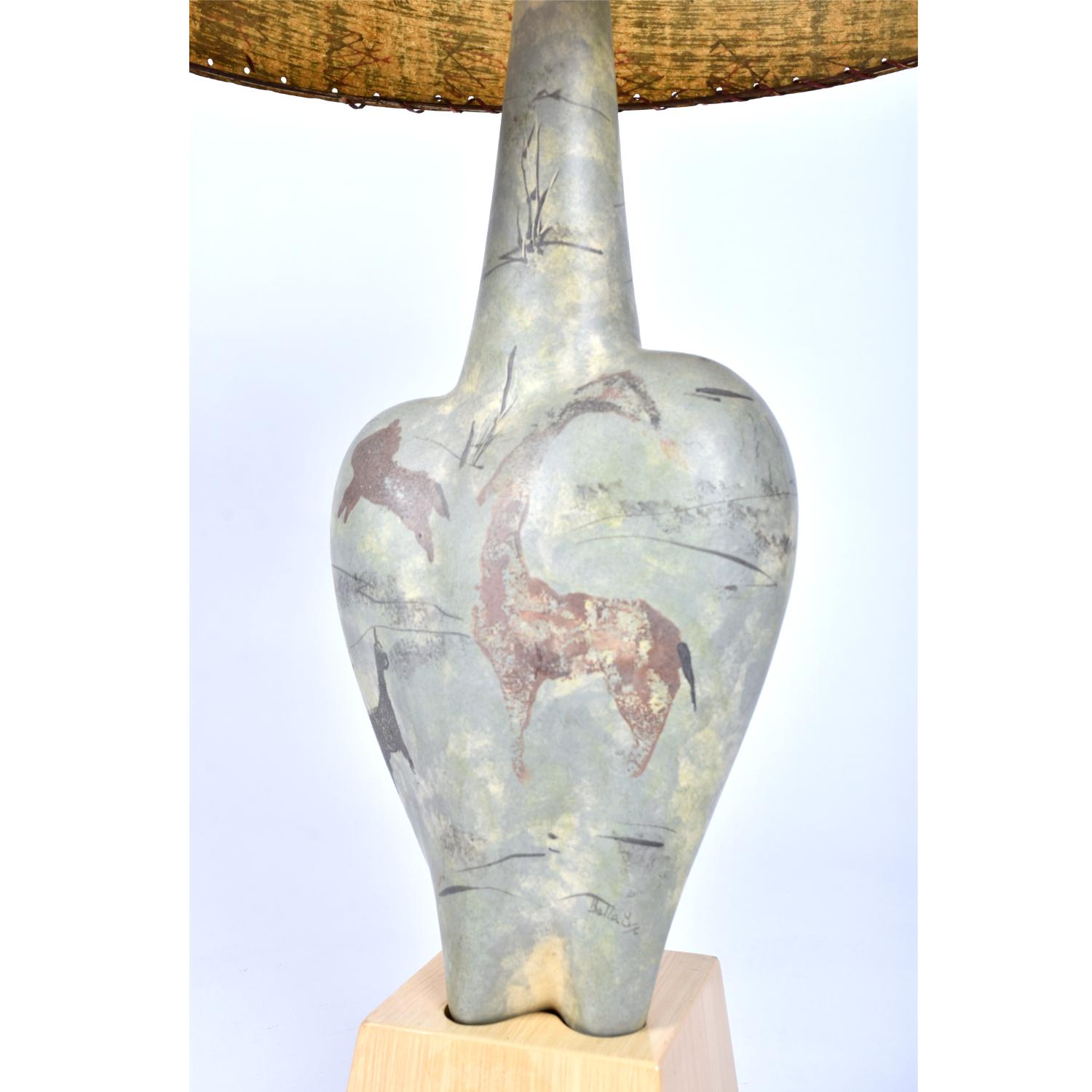Mid-Century Modern Marc Bellaire Ceramic Lamp with Primitive Lascaux Motif and Fiberglass Shade