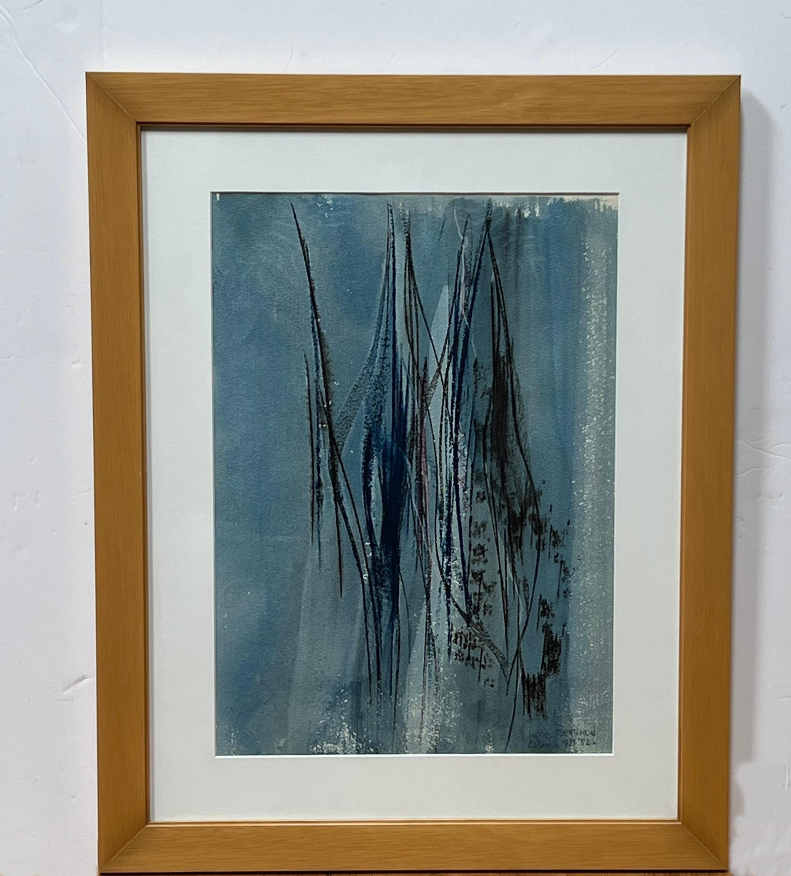 Cette aquarelle abstraite de l'artiste américain Marc Bensimon (1926-) présente des lignes verticales de bleus qui glissent sur la toile comme des gouttes de pluie sur une fenêtre.
Elle est signée au crayon bleu "Marc Benimon Los Angeles '82" dans