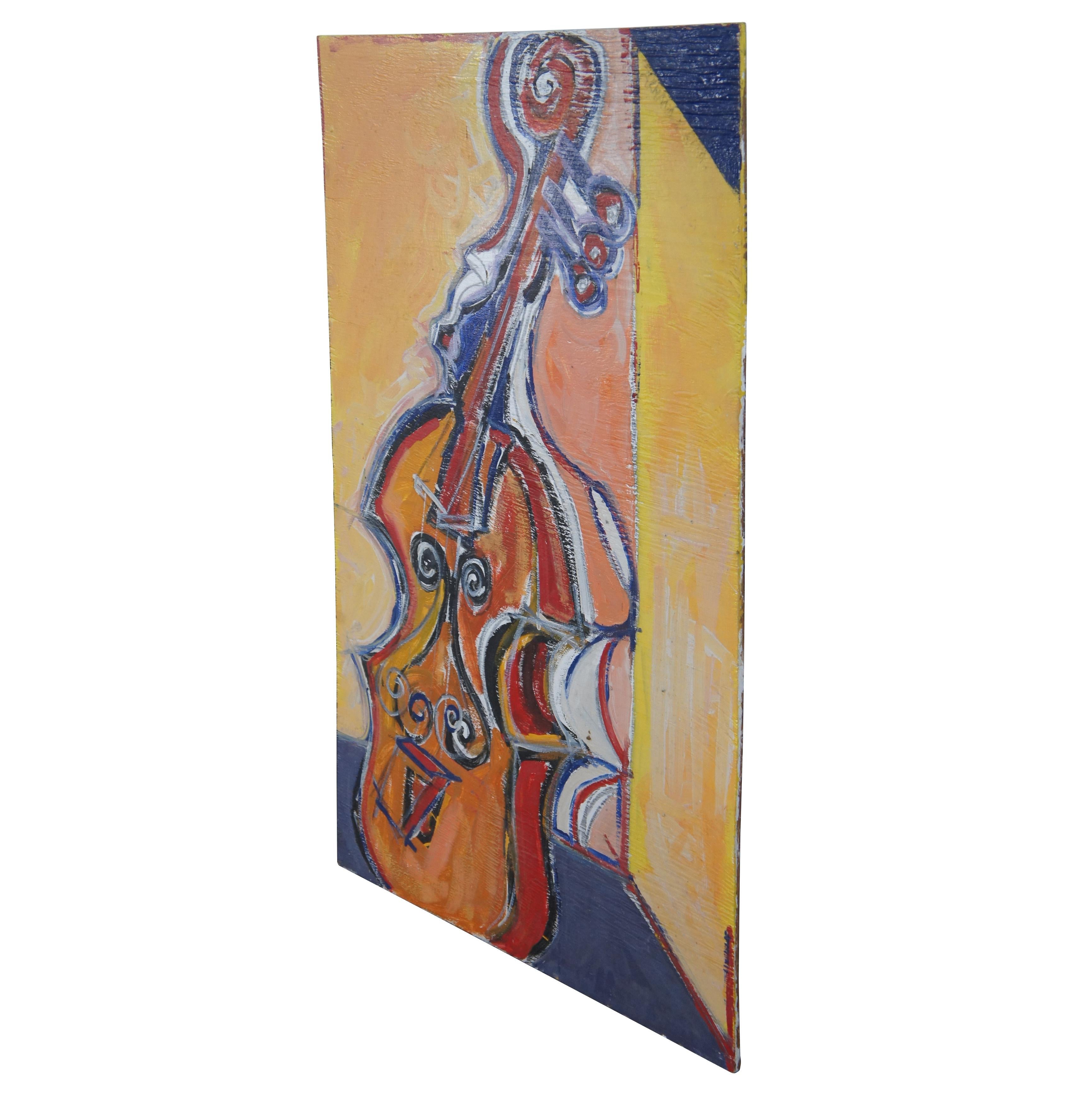 Vintage oil painting on board by Marc Berlet, featuring a colorful Cello. This piece was given wedding gift by him to his dear friends Armand and Rita, circa 1994.

Berlet, born in Pont Chateau France, studied at the Ecole de Beaux Arts in Paris