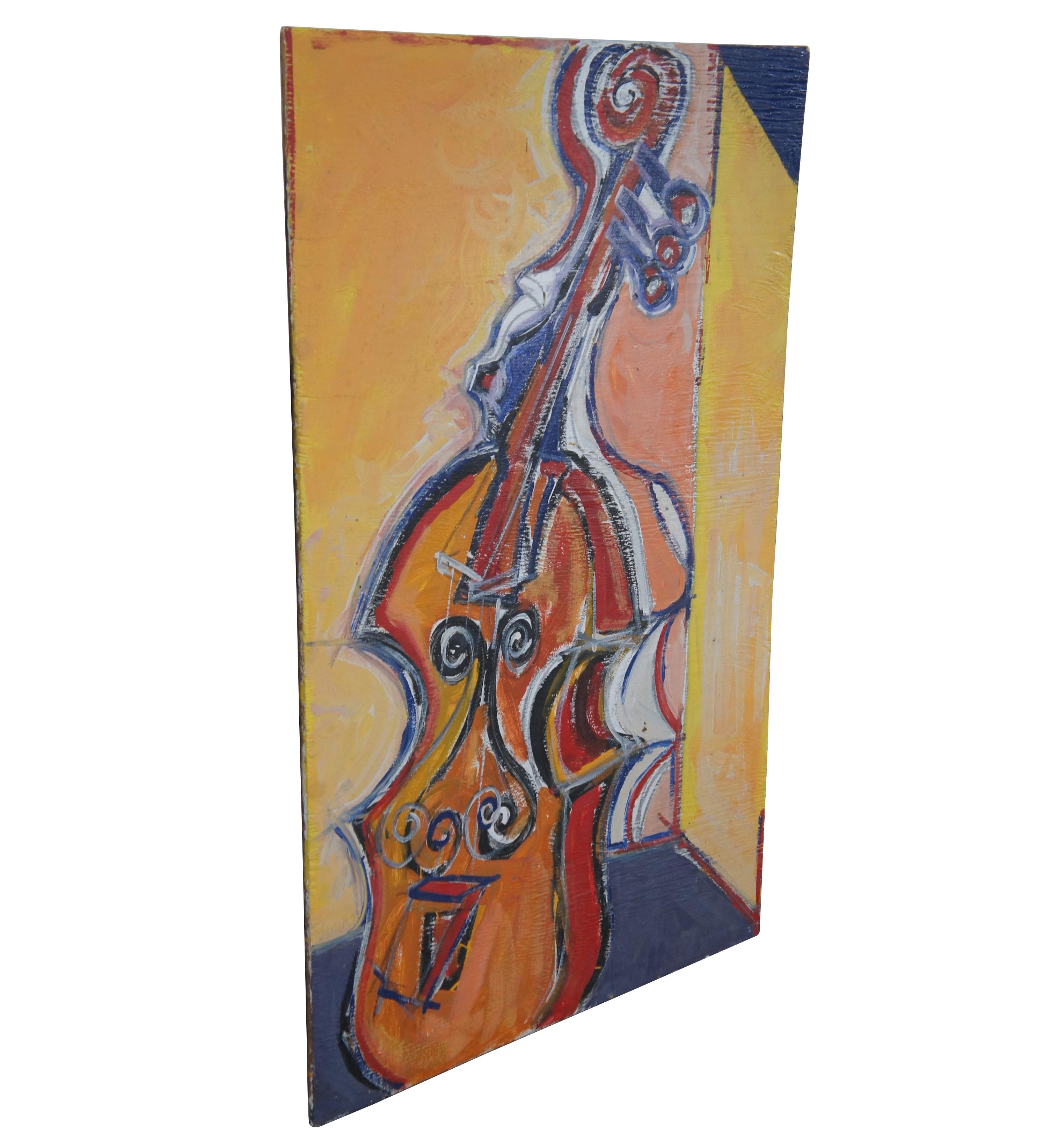 Marc Berlet Expressionist Cello Oil Painting Board Orchestra Musical Instrument In Good Condition For Sale In Dayton, OH