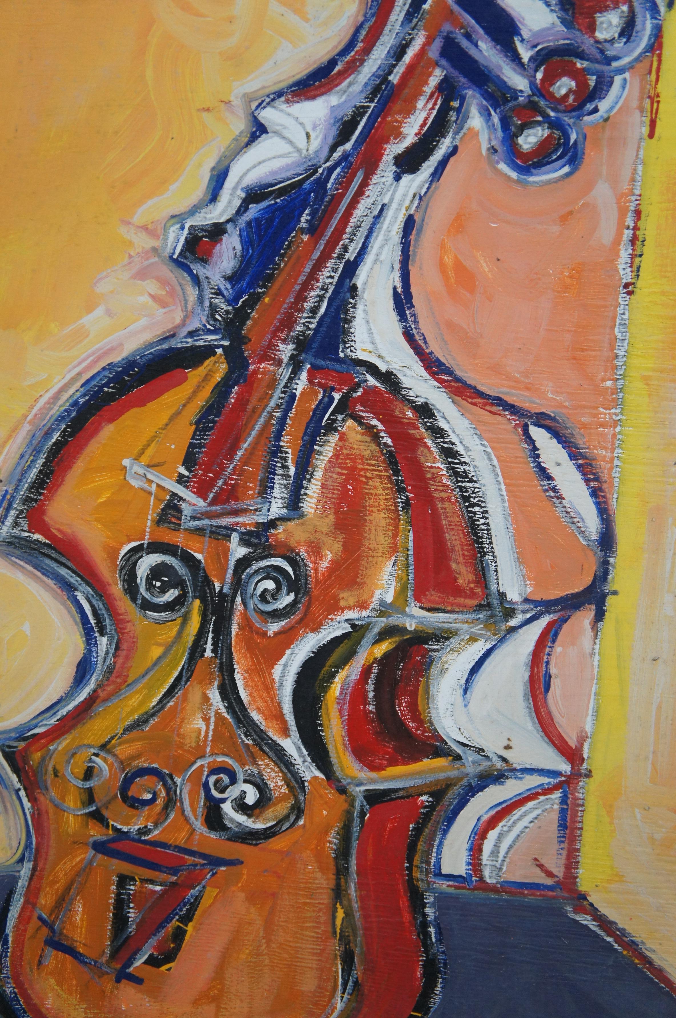 Late 20th Century Marc Berlet Expressionist Cello Oil Painting Board Orchestra Musical Instrument For Sale