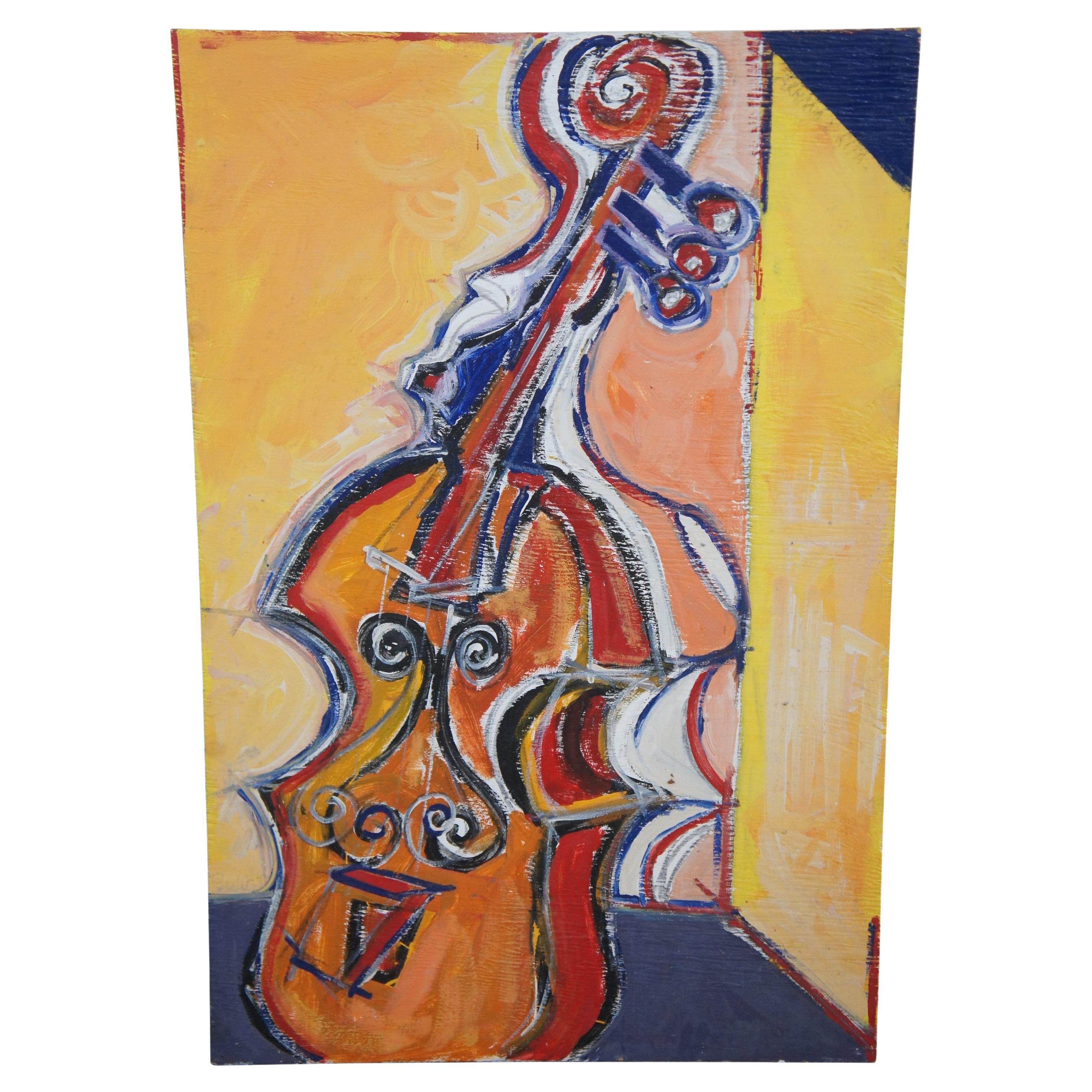 Marc Berlet Expressionist Cello Oil Painting Board Orchestra Musical Instrument For Sale