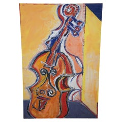 Vintage Marc Berlet Expressionist Cello Oil Painting Board Orchestra Musical Instrument