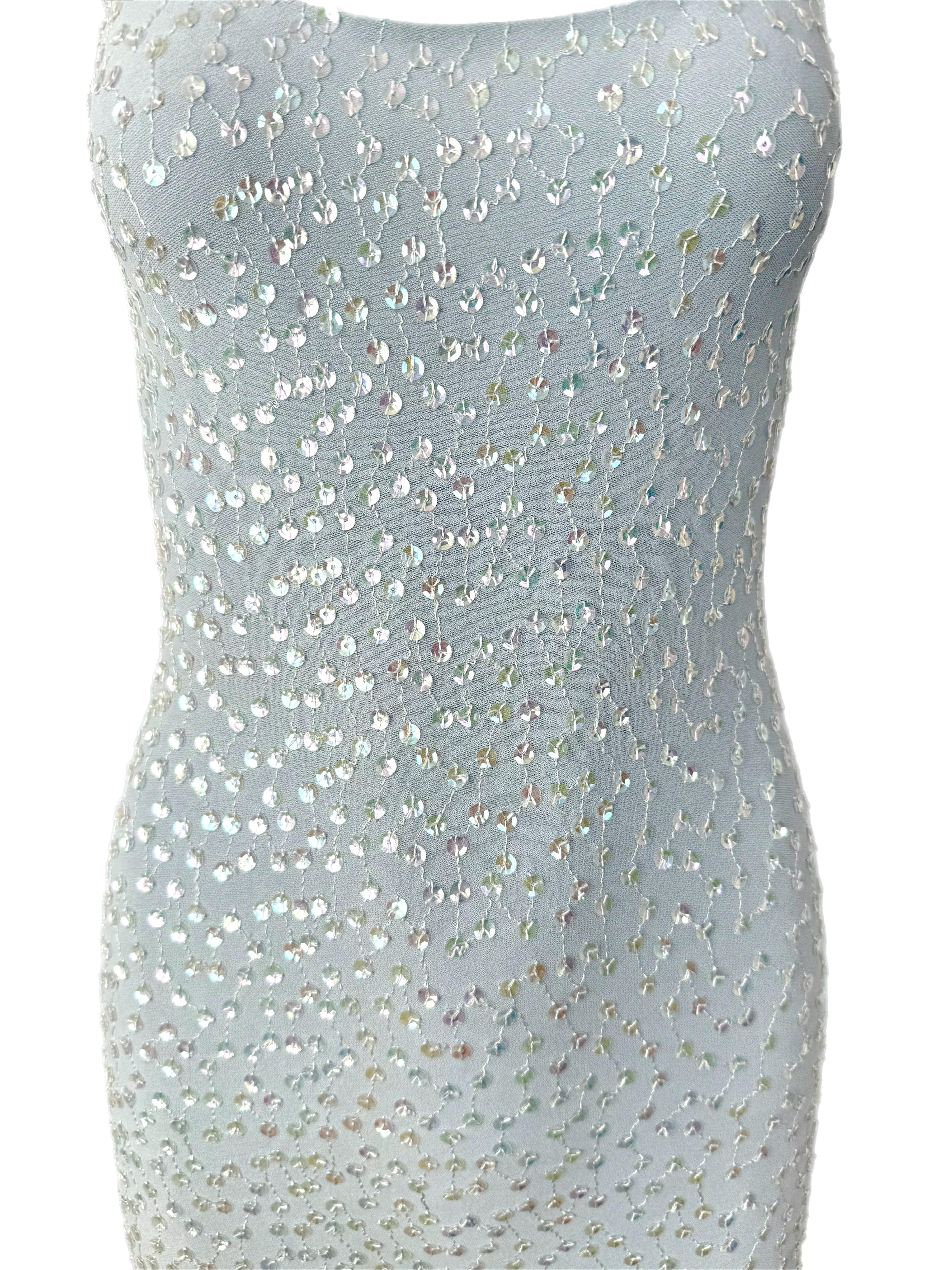 MARC BOUWER 1999 Vintage Blue Sequin Midi Dress Pour femmes en vente